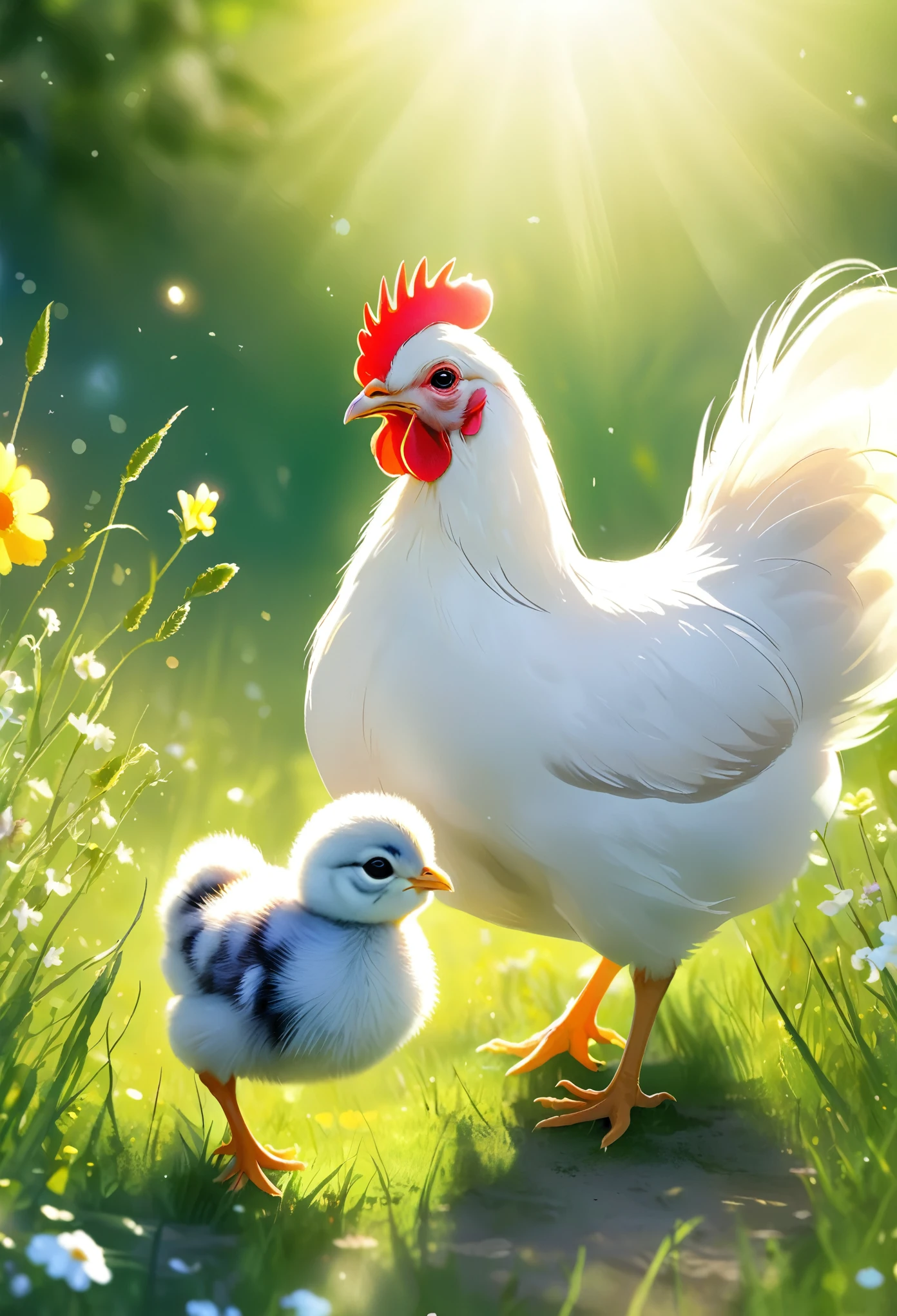 hen，chick，charming，Meadow walk，Sunlight，Happy，Happy, Digital illustration, Illustration poster, Very Happy， (masterpiece: 1.2) (Practical: 1.2) (Bokeh) (best quality) (Intricate details) (8k) (Exquisite eyes) (Clear focus), (Happy)