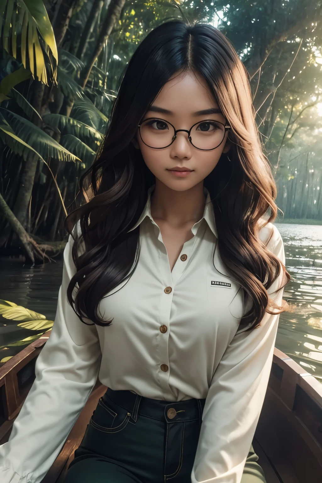 detailed face of half  body photo. 25 year old Indonesian girl with a sweet  face,  big  round face and long brown wavy hair, round glasses, wearing a green long-sleeved shirt with the buttons unbuttoned and showing a plain white undershirt, exposed her long black pants  is riding a boat  taking photos in the Florida swamp forest at dusk