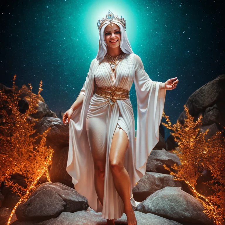 A Greek Goddess stands serenely, flowing white robe, ethereal magic surrounding her, Mount Olympus at night, high quality, photorealistic, full body view, small glowing points of light orbit the goddess, v0id3nergy (jg-jc0n:1.3) void magic(grin:1.1)