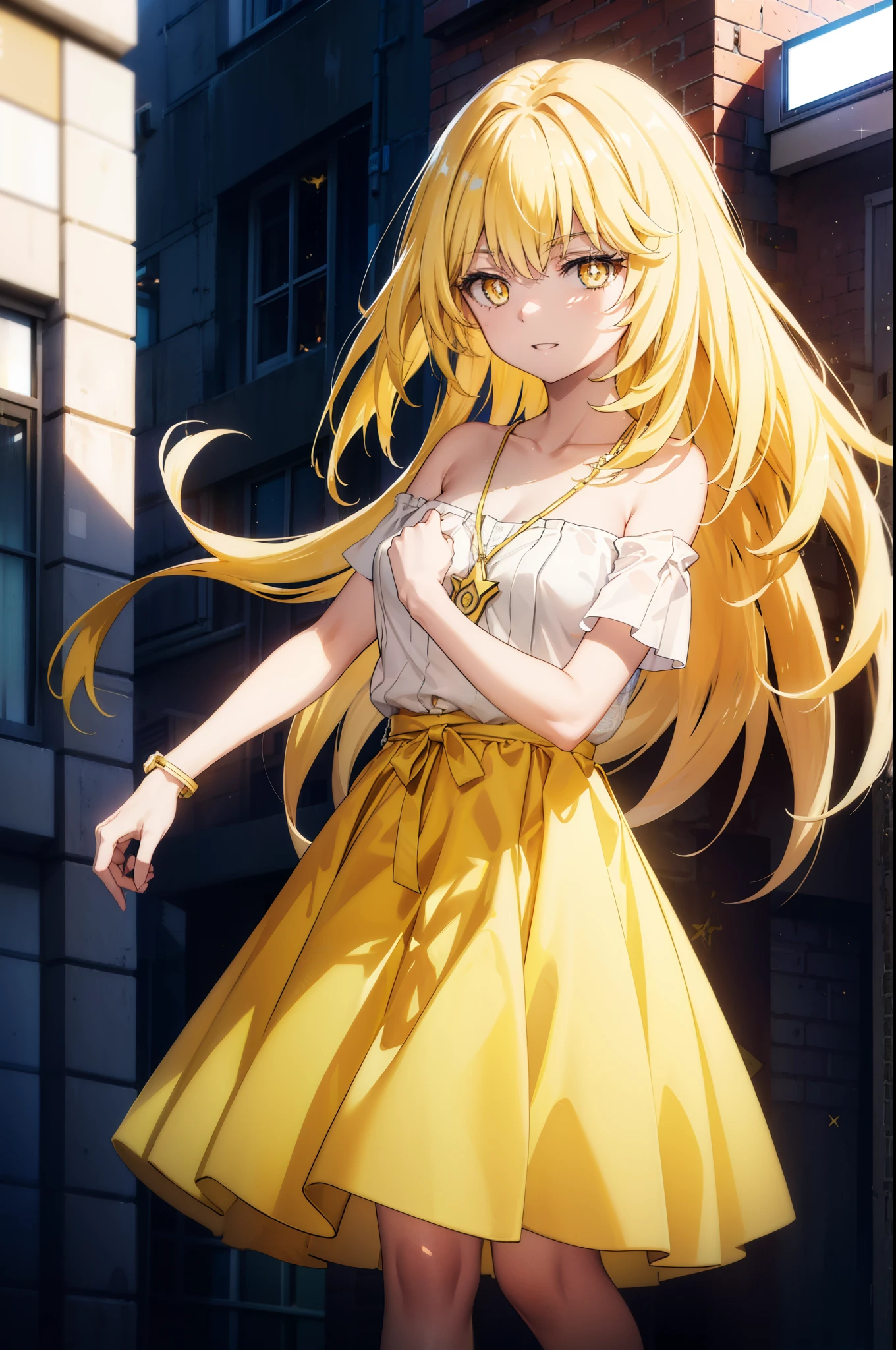 misakishokuhou, Misaki Shokuhou, Blonde, Hair between the eyes, Long Hair, (Symbol-shaped pupil:1.5), + +, (Yellow Eyes:1.5), (Medium chest:1.2),happy smile, smile, Open your mouth,Star Pendant,hair band,Yellow off-shoulder dress,Bare neck,Bare shoulders,bare clavicle,Bare arms,No sleeve,Yellow long skirt,Heeled Sandals,whole bodyがイラストに入るように,Clear skies,Daytime,True Summer,
break outdoor, Building district,
break looking at viewer, whole body,
break (masterpiece:1.2), highest quality, High resolution, unity 8k wallpaper, (figure:0.8), (Beautiful fine details:1.6), Highly detailed face, Perfect lighting, Highly detailed CG, (Perfect hands, Perfect Anatomy),