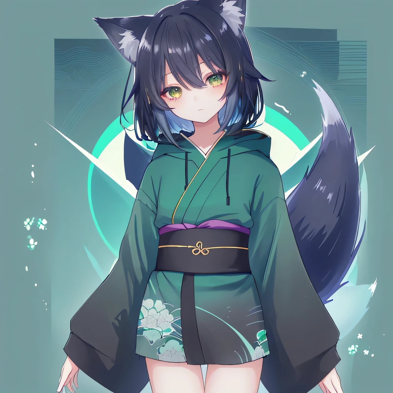 one person,12 years old,Unknown gender,fox,fox girl,Black Hair,Shoulder-length hair,Blue-green inner color,Black fox ears,Celadon kimono,Black large hoodie,Black tail,The tip of the tail is blue-green