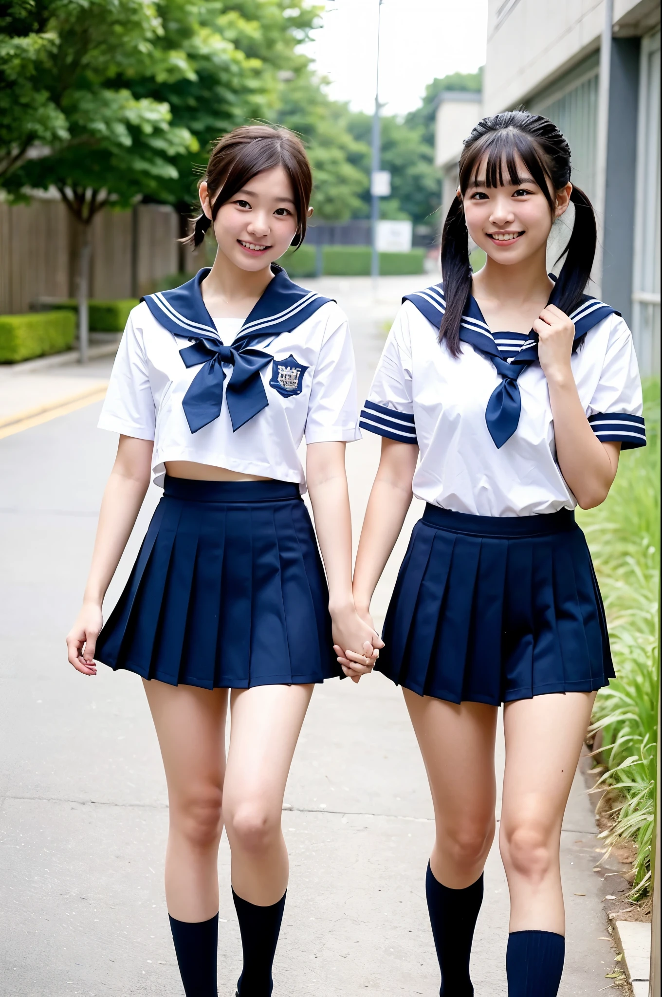 2 girls walking in school yard,sailor shirt over navy blue high-cut speedo briefs,18-year-old,bangs,a little smile,thighs,knees,short hair and low pigtails with barrette,from below,front light