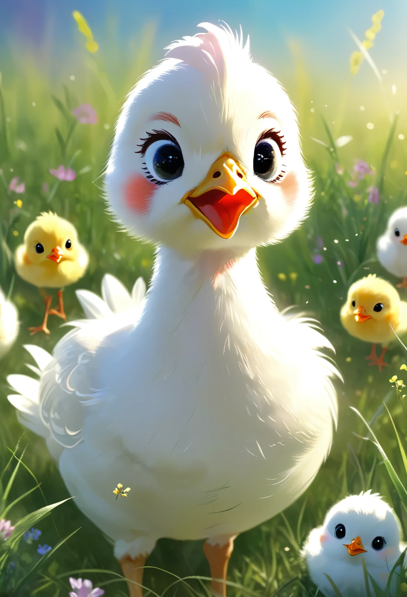 hen,chick,charming,Meadow walk,Sunlight,Happy,Happy, Digital illustration, Illustration poster, Very Happy, (masterpiece: 1.2) (Practical: 1.2) (Bokeh) (best quality) (Intricate details) (8k) (Exquisite eyes) (Clear focus), (Happy)