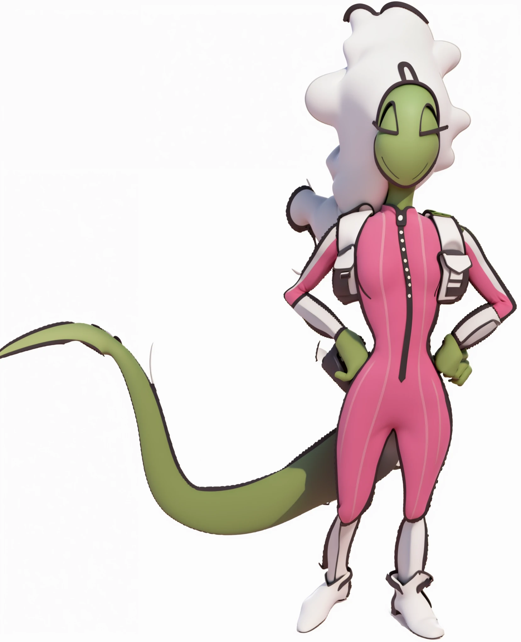green alien, girl, white hair, close eyes, pink suit, white boots, backpack, long green tail, furry, 3d, render