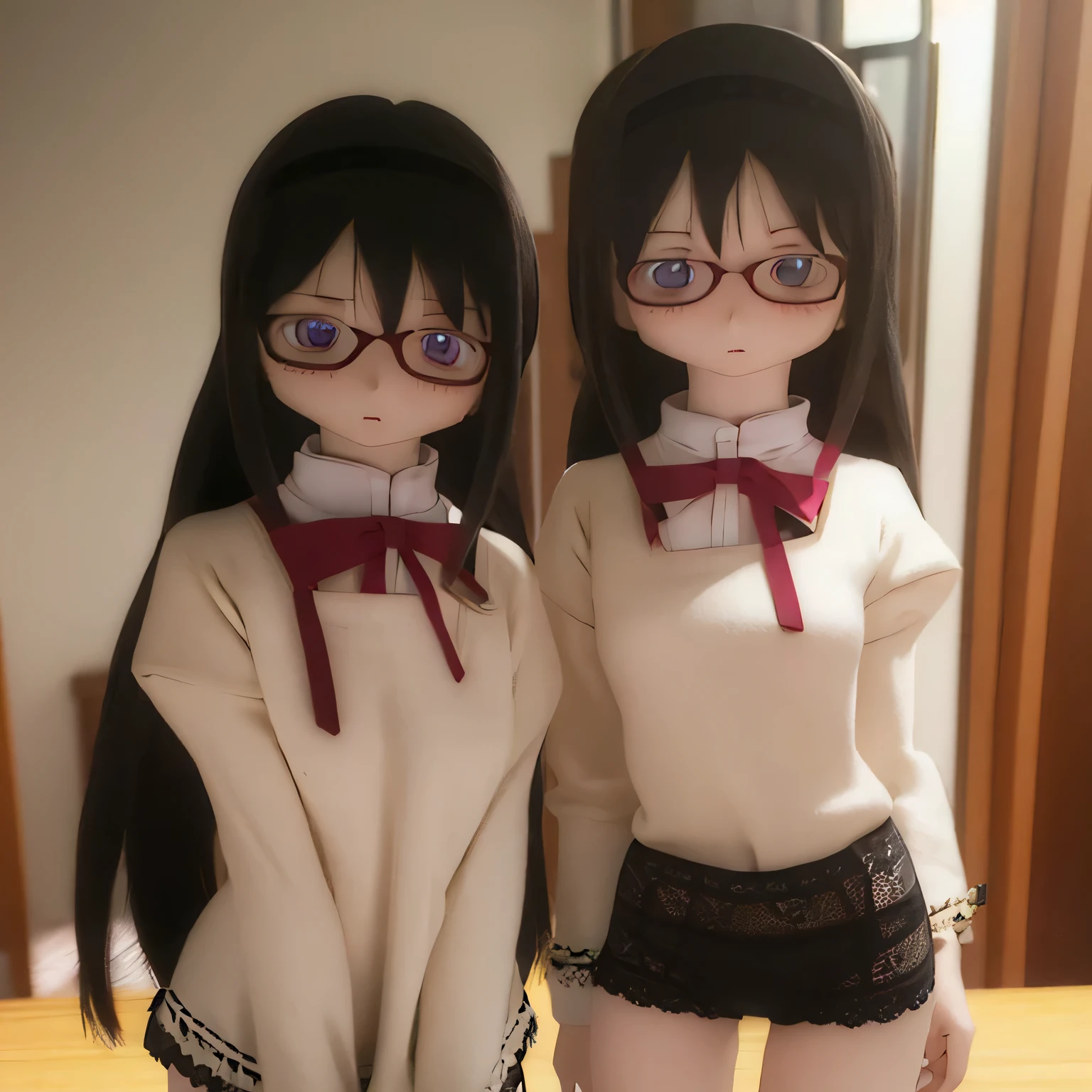 (Realistic:1.37), vibrant colors, ultra-detailed, physically-based rendering, tabletop, expressive eyes, flawless face, closed lips, barefoot, standing Akemi Homura, black hair, Indian style, black-rimmed glasses, sexy lingerie, seductive pose, ample bosom.