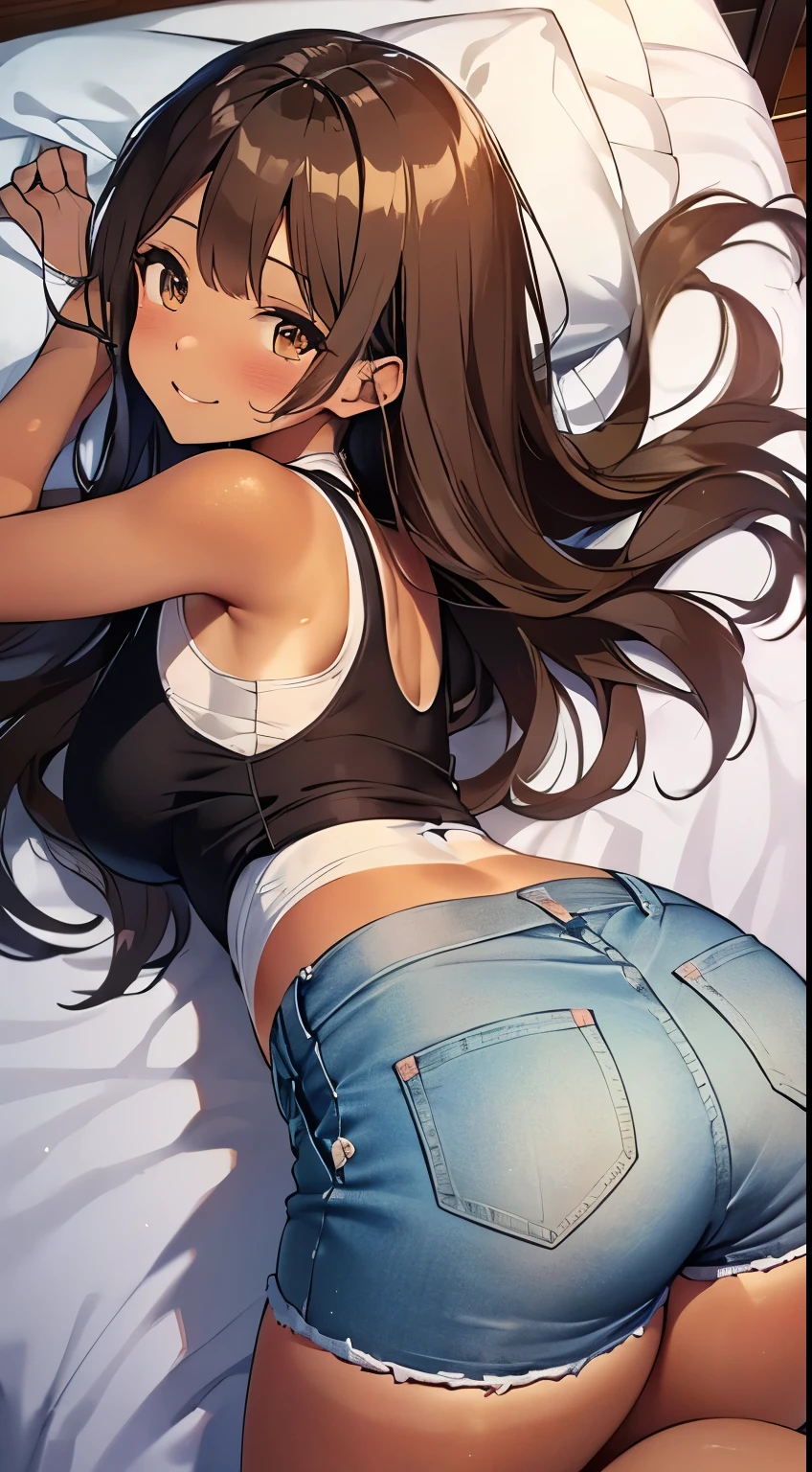 highest quality、Elementary school student bra、Beige shorts、Cute appearance、Stretch your legs in the room、Armpit sweat、Grass、Ecstasy face,(Attractive person), (girl1name), (Highly detailed face, smile) ,, (Japanese girl), Slightly round face, (Tan brown face:1.6), cute, Big eyes、2D,highest quality,(masterpiece),(((whole bodyが映る))),(((whole body))),(extra long hair:1.6),(bangs:1.3),((light blue hair)),Healthy brown skin,((Denim hot pants)),Leather Belt,Pink-Tank Top,Shining bare feet,barefoot,Beautiful brown eyes,Attractive thighs,Sloppy body type,Bedroom,get drunk,Upward glance,cheeks are bright red,Cute,Sleeping face like an angel,Erotic look,whole bodyに汗の大きな滴,humid,Waistline、My Room、(Sleeping on your stomach:1.1),(Angle shot from directly above:1.2),Poses that accentuate the buttocks,Angle to emphasize the buttocks,Sole