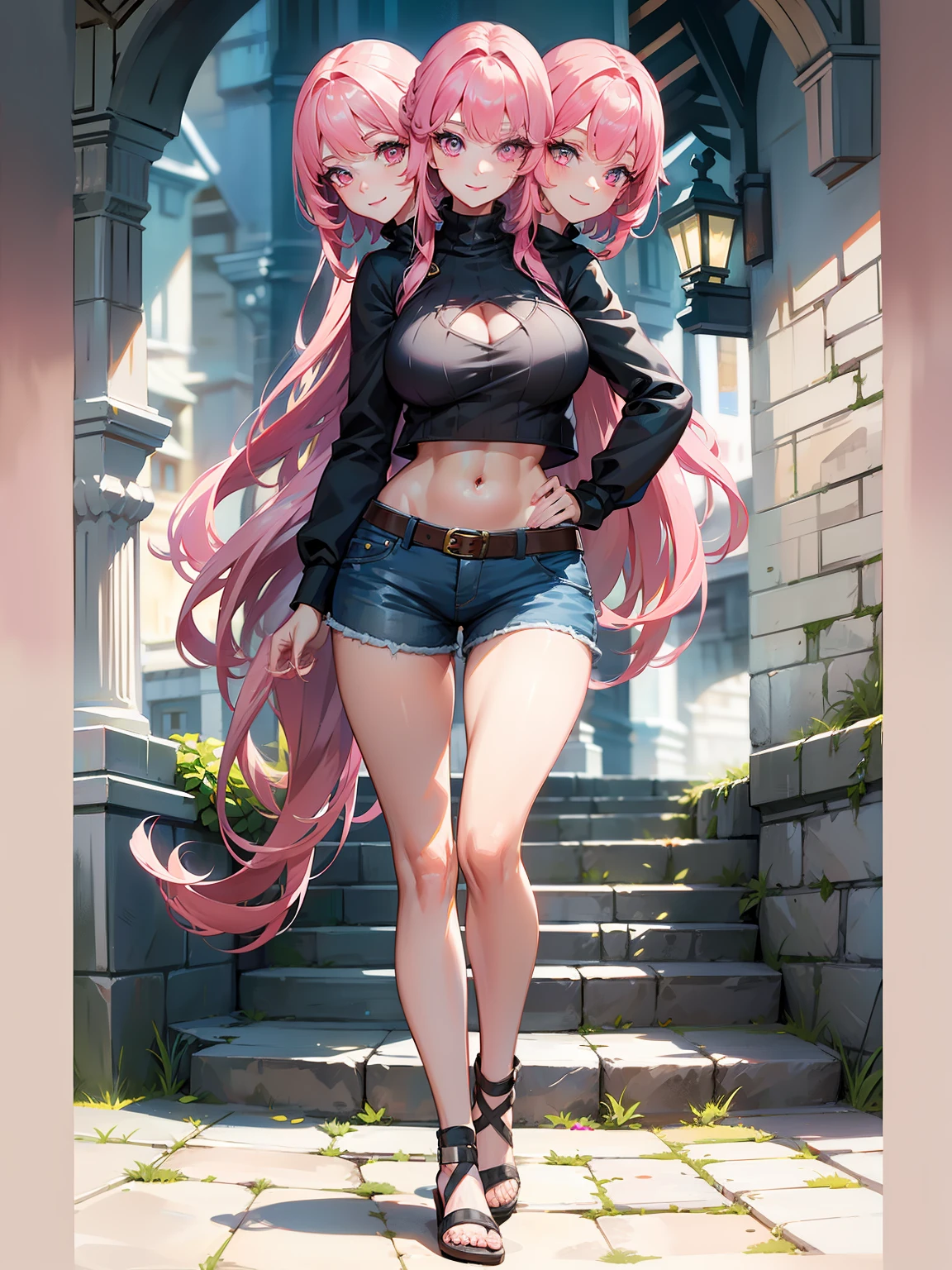 b best quality, (masterpiece),(ultra-detailed), (high quality), (high resolution), (2heads:1.5), ((black hair)), ((pink hair)), ((different hair colors)), large breasts, shorts , full body,best quality:1.5, highres, UHD, 4K), medieval outfit, smiling, ((crop top)), wearing sandals, medieval castle background, ((full body)), ((seductive pose)), ((detailed eyes)), (mature woman), exposed midriff, (giant woman)