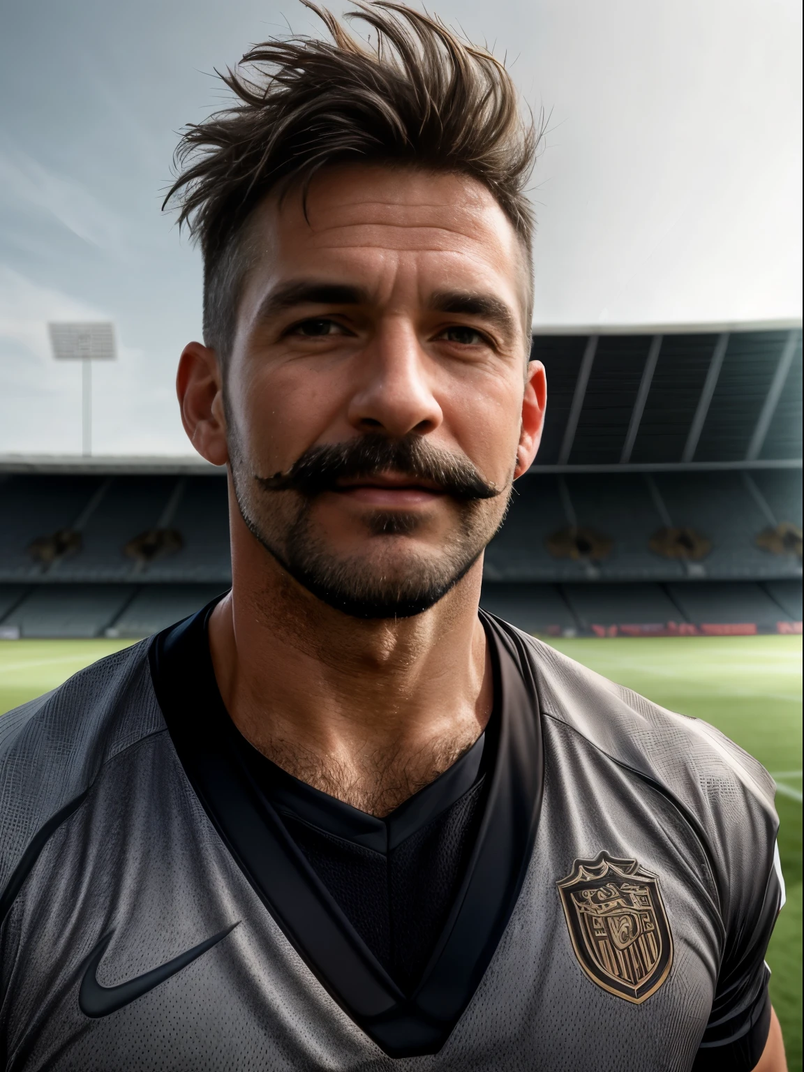 masterpiece, best quality, high resolution, closeup portrait, male focus, solo focus, A man, 60 years old, grey hair, soccer player, football player, grey silver hair, messy hairstyle, cute and seductive face, bare chest, body hair, scruffy look, facial hair, roman nose, very skinny body, hairy legs, cute, dimples, goatee and mustache, bold jawline , full body, sweaty, in the background an outdoor soccer football field, view from below, amazing composition, front view, HDR, ultra quality, elegant, highly detailed,