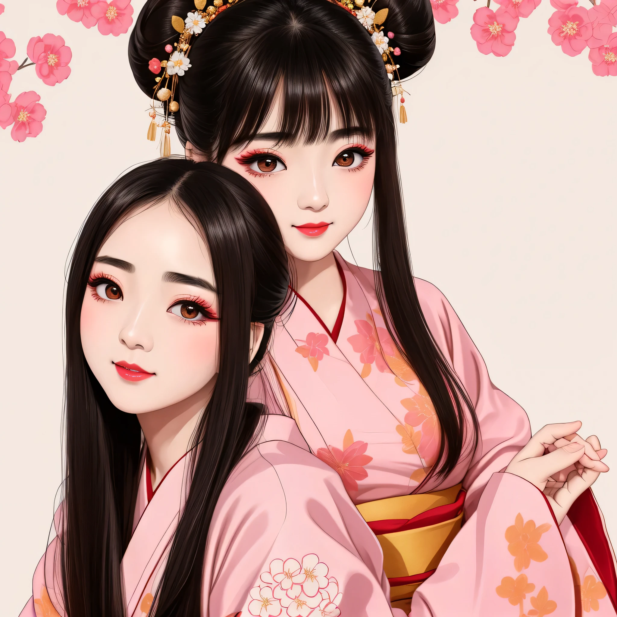 Each has a different expression２People and sisters、(２ girls）、｟Dancing traditional arts with grace)、((Big Breasts、Small Face、Not exposed))、highest quality、masterpiece、（Black Hair、Bun Hair）、Brown Eyes、｟Wide angle、Angle from above the waist、Pause on the magazine cover、Their gazes are different, gazing into the distance｠、(８K High Quality、masterpiece、High resolution、Realistic and beautiful light and shadow、(highest quality)、(High Resolution)、(Very delicate and beautiful)、(Beautiful 8k face)、(With a smile、Beautiful eyes)、(Clear skin)、(Soft hair)、(８Head to Body)、(A Japanese style yukata kimono with red, pink and orange floral patterns on a white background, interspersed with gold powder、Wearing a yukata２Beautiful Japanese girls)、((Tanabata decoration background))、((Small Face))、(arms up)、Thin and small nose、（Red lipstick）、（Make your cheeks red）、（Glossy skin）、((Ink painting style))、Very thin eyebrows、Overall ultra-high image quality、（She is wearing maiko-style makeup.）、Whitening、Long and beautiful eyelashes、Glowing Skin、（Red cheeks）,Straight nose、masterpiece、highest quality、whole body、 Eyebrows visible through hair、Bun Hair、Grin、Gal、Gal、Viewer&#39;s Eyes、Plaid、Stylish、woman、fine、Pause、
Waiting to start 
