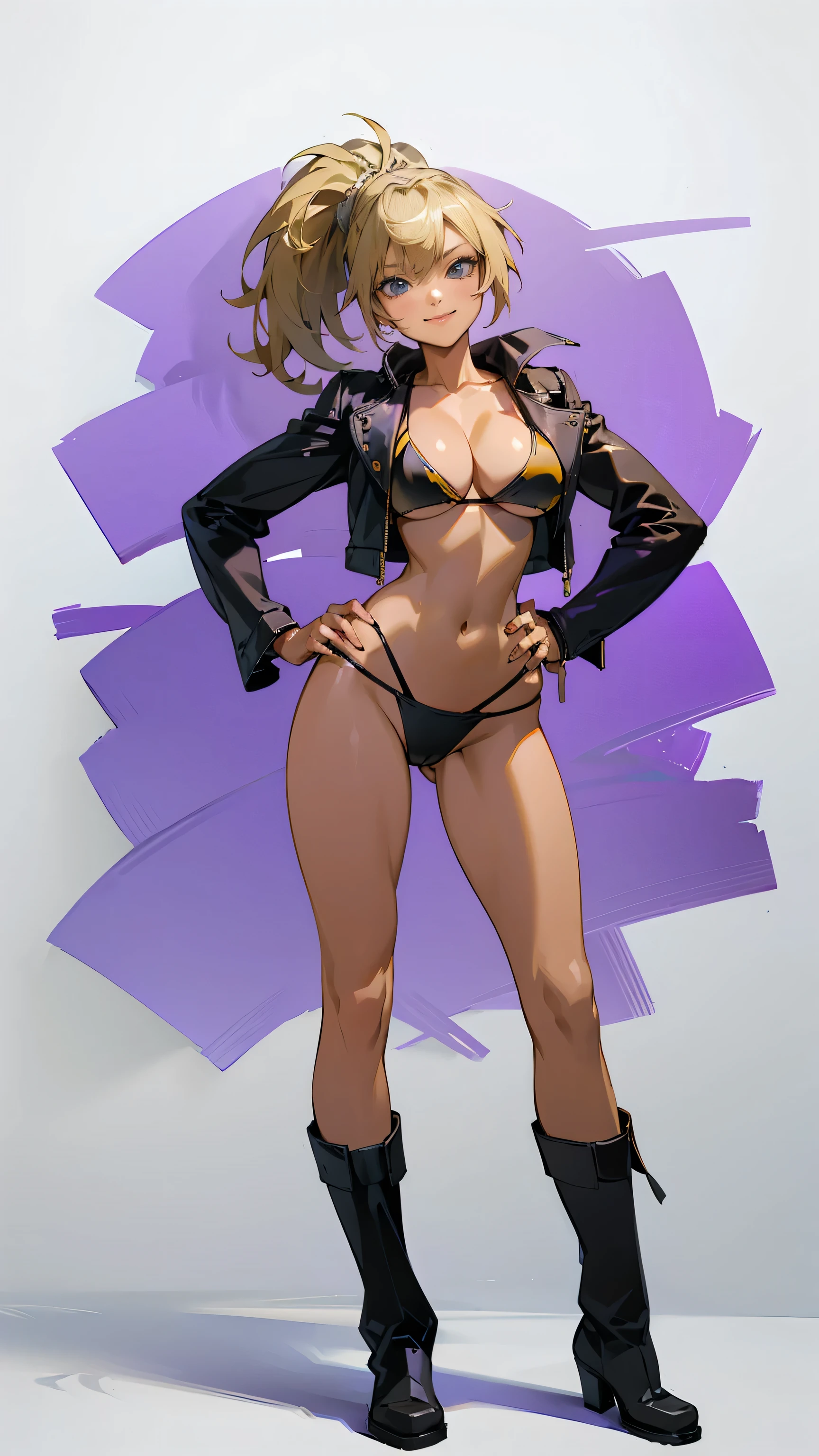 Masterpiece, best quality, Masterpiece, best quality, 1 woman , blue eyes , yellow ponytail , black leather jacket , sly face , smile , purple bikini , abdomen, big breasts , Long legs , boots , hands on hips , blank background