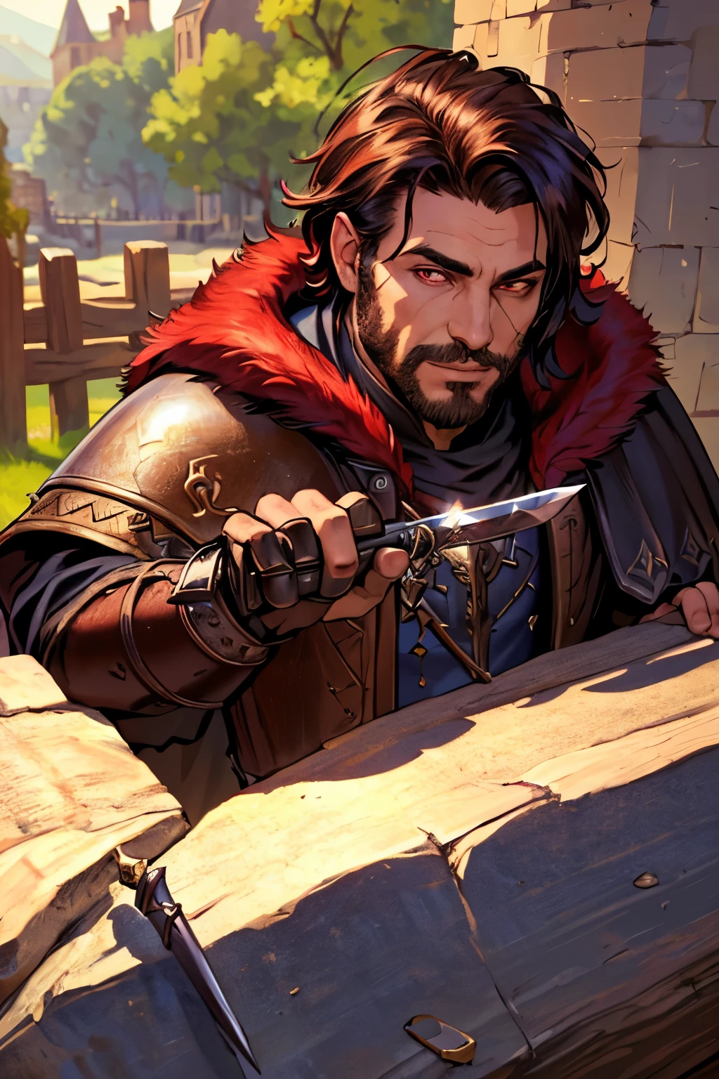 (masterpiece:1.1)(best quality,4k,8k,highres,masterpiece:1.2),ultra-detailed,(original design:1.1),(unique accessories:1.1),(medieval fantasy:1.1),professionally retouched,(close-up:1.1),portrait,midday,(male:1.1) male RPG character, leather armor, sword on back, fur cape, red eyes