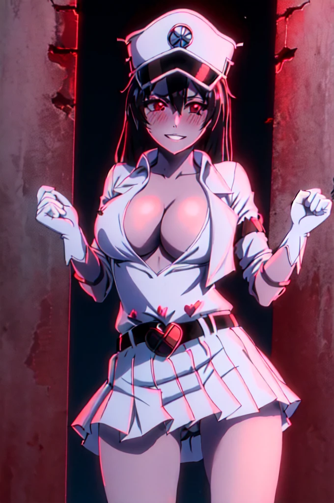 bambietta, (burned ruined city:1.2), (blush:1.2), parted lips, suggestive smile, hat, white military form, short white pleated skirt, , white gloves, masterpiece, detailed, intricate details, belt, looking at viewer, medium breastsa, cleavage poppi