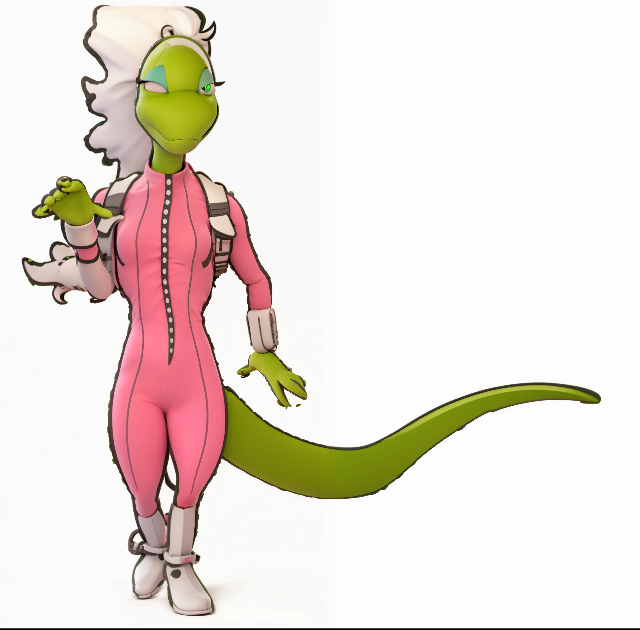green alien, girl, white hair, close eyes, pink suit, white boots, backpack, long green tail, furry, 3d, render