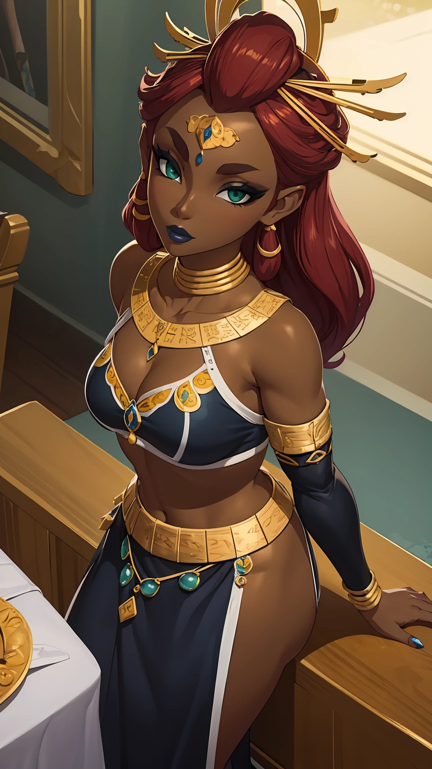 ((high detailed, best quality, 4k, masterpiece, hd:1.3)), ((best quality)), (((HD))), (((8k))), (ultraDH), (ultra HD), green eyes, BREAK green eyes, seductive, attractive, smooth anime cg art, 36C breasts, long legs, vivid colors, slim body, perfect skin, red hair, long hair, light hair, red hair, BREAK crown, cleavage, 36C cleavage, looking at viewer, BREAK looking at viewer, extremely detailed face, earrings, gem, dark blue makeup lips, dark gothic eyeshadows, dark eyeshadows, white eyeshadows, blue sexy lips, dark lips, very dark lips, (perfect hands, perfect anatomy), light makeup, blue medium lips, blue thick lips, detailed fingers, five fingers per hand, 5 fingers, (1 girl), detailed lips, detailed blue lips, blue painted lips, gothic painted lips, (breast focus), (arms outstreched:1.2), (from above:1.1), (breasts out:1.3), (off shoulder:1.1), (((desert))),