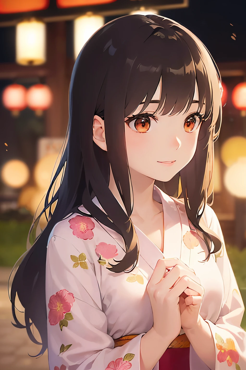 (looking away:1.5), Biologically correct five fingers、A close-up of your face、Realistic, real person, (pale skin: 1.2), RAW photo, photorealistic, shiny skin, shiny hair、(25 year old woman with bangs) and (wavy hair) and (brown hair) and (orange eyes) , (yukata) and (pink) and (Floral patterns)、embarrassed, smile, The background is a Japanese summer festival at night、Alone、Are standing