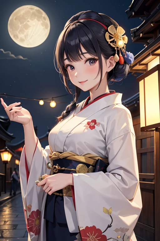 (8K、top-quality、masterpiece)、Taisho Era、japanese kimono、Beautiful adult woman、Graceful、Kyoto Street,Smile、((Super Giant Chest)),heartful、Moon Night,The beautiful old town of Kyoto,people,