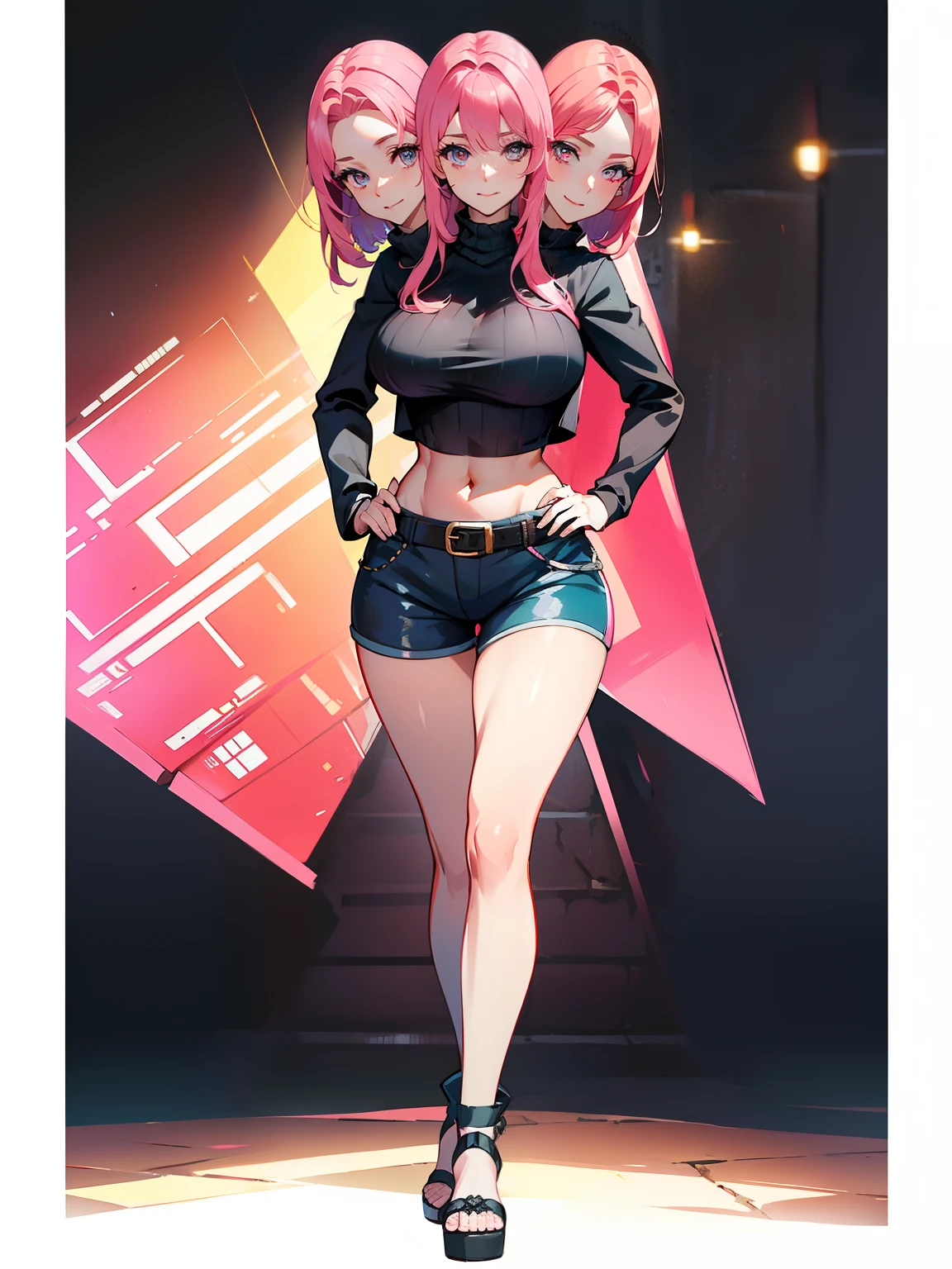 b best quality, (masterpiece),(ultra-detailed), (high quality), (high resolution), ((2heads:1.5)), ((black hair)), ((pink hair)), ((different hair colors)), large breasts, shorts , full body,best quality:1.5, highres, UHD, 4K), medieval outfit, smiling, ((crop top)), wearing sandals, medieval castle background, ((full body)), ((seductive pose)), ((detailed eyes)), (mature woman), exposed midriff, (giant woman)