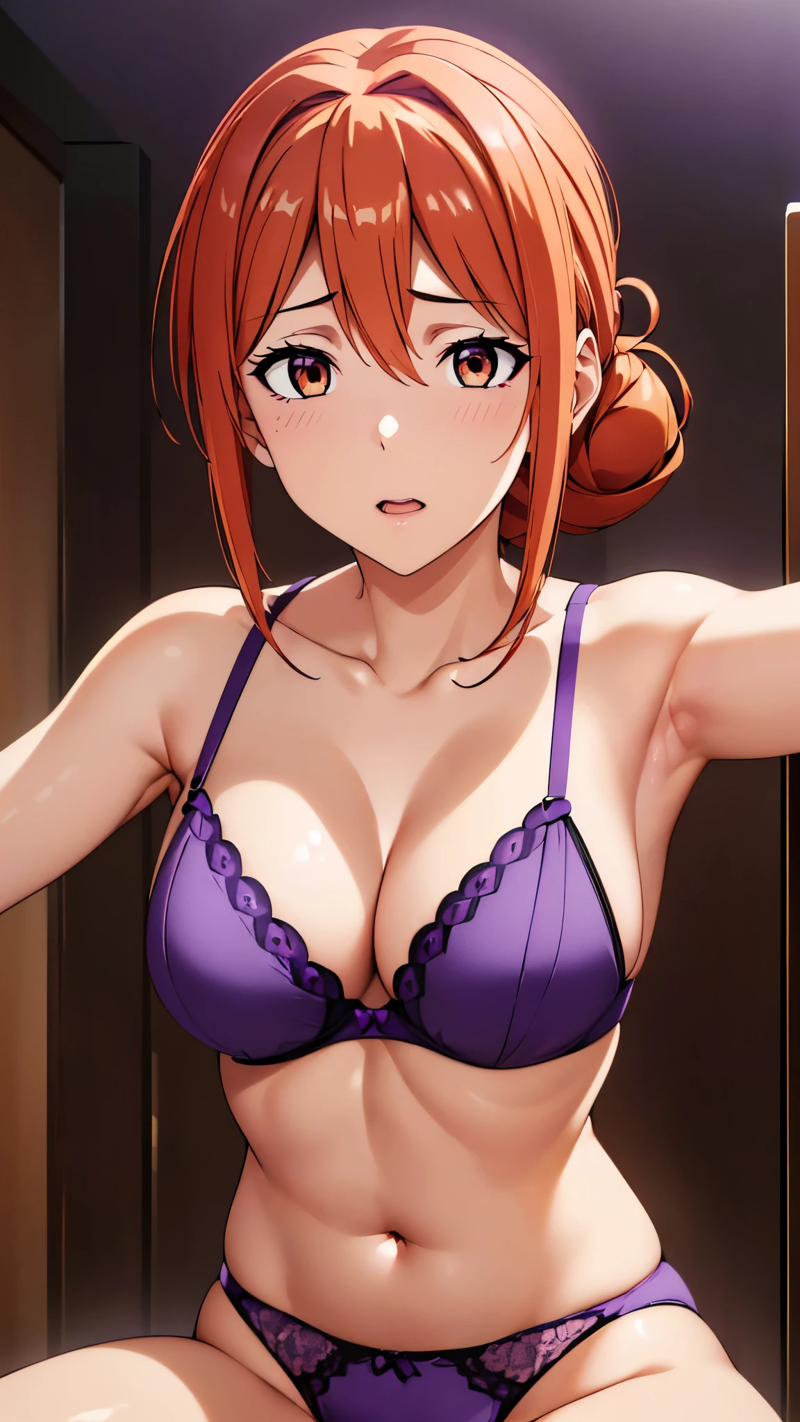 ((8k resolution))、((highest quality))、((masterpiece))、((Very detailed))((((dramatic))), (Anatomically correct)、The depth of the object to write、front、one person、 (yuigahama, Purple bra, Purple Panties、Hair between the eyes,Embarrassing, Orange Hair, single Hair Bun, Orange eyes, Hair Bun, Long Hair,)、White Background