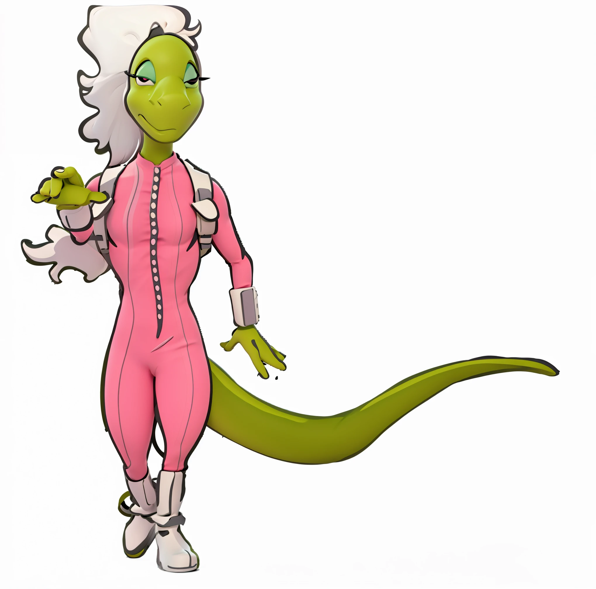 green alien, girl, white hair, close eyes, pink suit, white boots, backpack, long green tail, furry, 3d, render