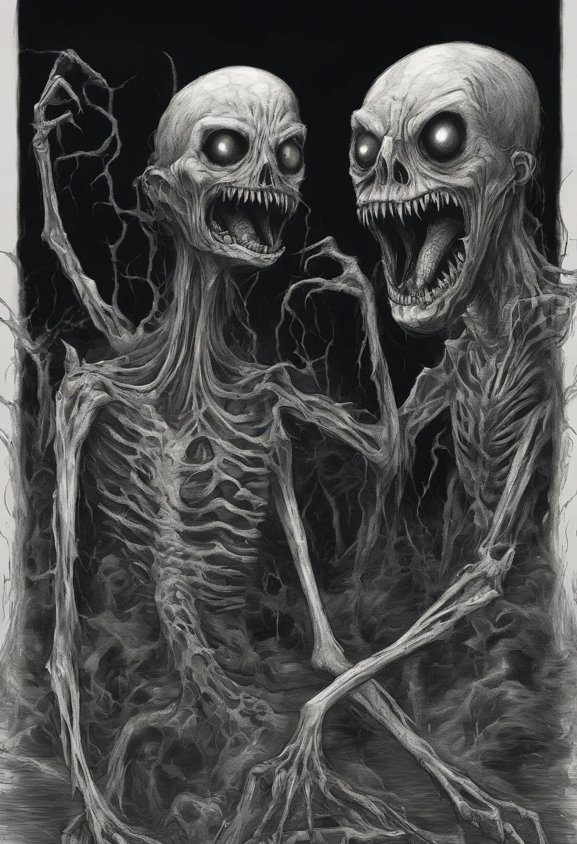 Hand drawn drawing of two monsters with macabre smiles making strange movements with bulging eyes, they are big-headed and slender with pointy teeth and mouths open wide in laughter. Their long tongues drop a black liquid, que escorria venenosamente, melting their own skins.