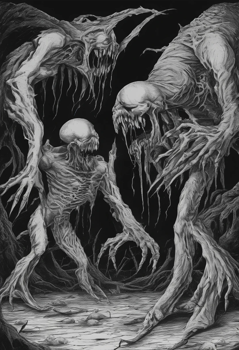 Hand drawn drawing of two monsters with macabre smiles making strange movements with bulging eyes, they are big-headed and slender with pointy teeth and mouths open wide in laughter. Their long tongues drop a black liquid, que escorria venenosamente, melting their own skins.