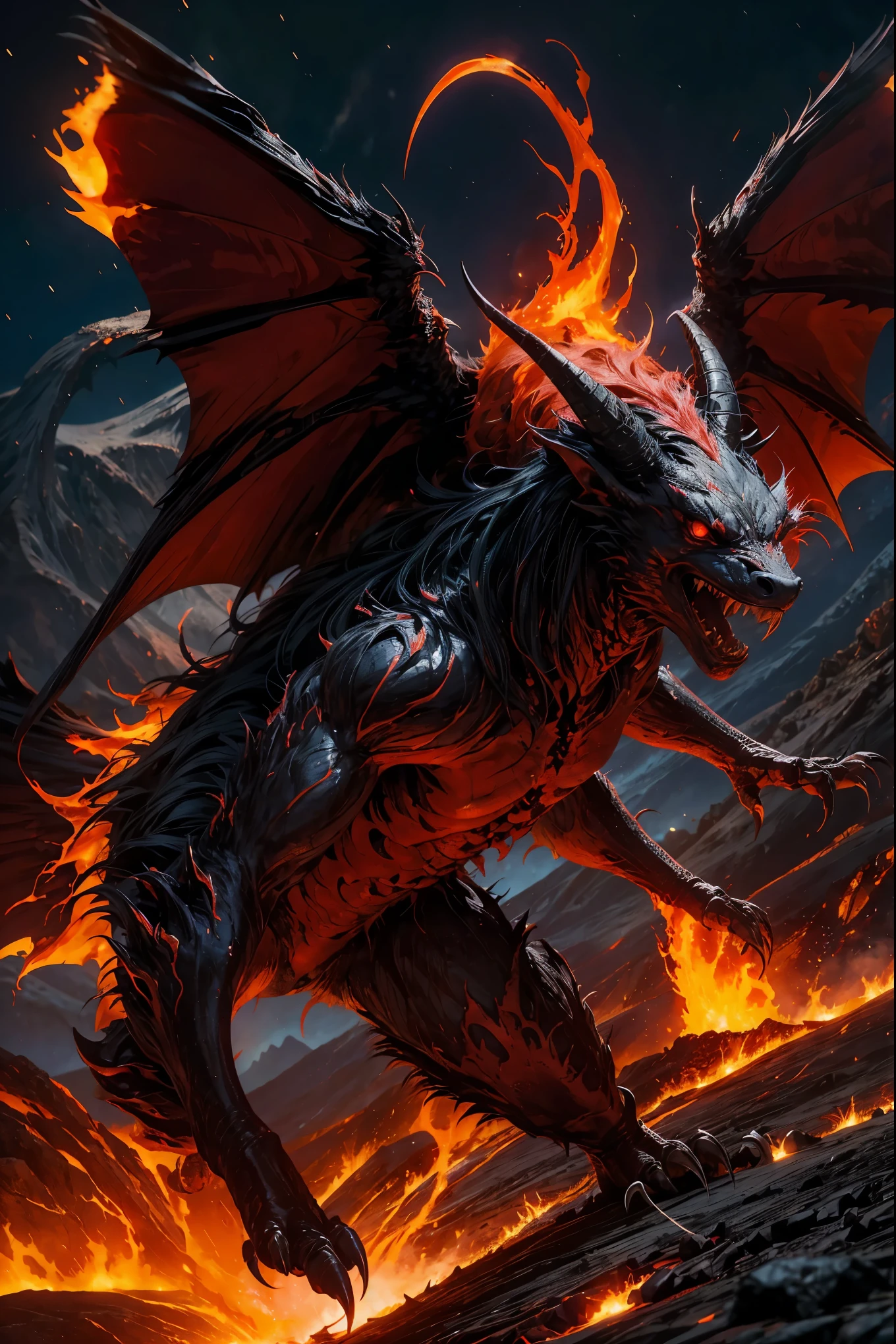 red demon, flying, fangs, horns, glowing eyes, claws, hooves, wings, long tails, grin, Volcano in background, Eruption, lava flow, hellish, sky burnt to a crisp