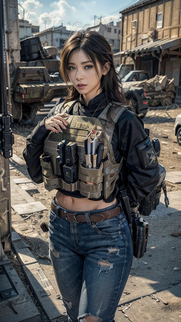 (Realistic photos:1.3, 16k, highest quality, masterpiece, Ultra-high resolution), Perfect dynamic composition:1.2, Very detailedな肌と顔の質感:1.2, , (Covered in scars:1.0, war:1.0, battlefield:1.0, A ruined world:1.0, Increase the disruptive element:1.0, rubble:1.0, Innovative Configuration:1.0), Professional camera work, Dynamic pose:0.7, Very detailed, Beautiful Japanese women serving in the US military, Incredibly slim body, Fair skin, Very beautiful face, Stern expression, ((Automatic rifle:0.5, Bulletproof vest:0.5, Torn clothes:0.5, Backpack:0.5, boots)), Shapely breasts, Chest gap, Big eyes that exude beautiful eroticism, Lips that exude beautiful eroticism, Cowboy Shot, necklace, Earrings, bracelet, Tattoo