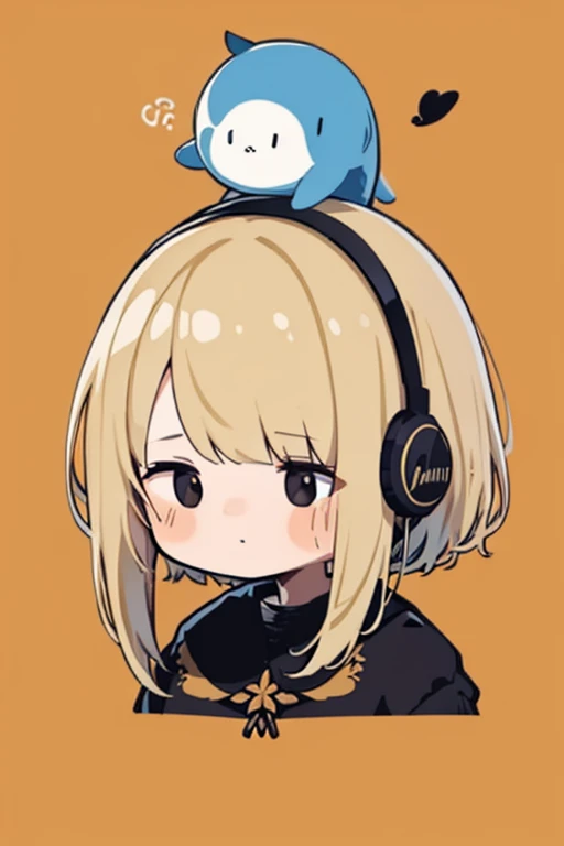 Uma , cabelos castanhos cumpridos, franja dividida ao meio, olhos castanhos grandes e brilhantes, headset on head, fofa, levemente corada