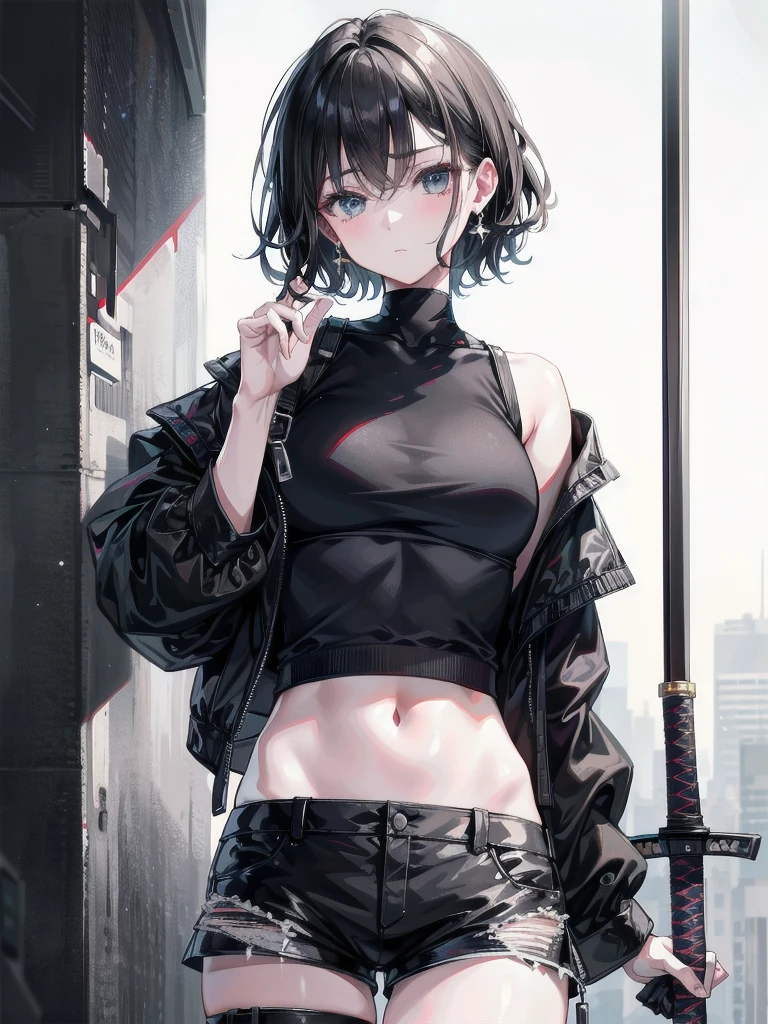 absurdres, RAW photo, extremely delicate and beautiful, masterpiece, Best Quality, ultra high resolution, 32k, hyperrealistic, ultra-detailed, tearful mole, earring, short medium hair, wavy hair, whole body, katana, Black military uniform, urban backdrop, Ladies' military vests, shorts, midriff,
