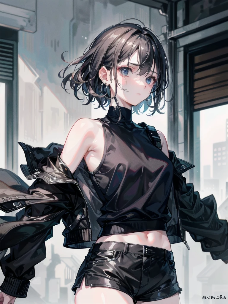 absurdres, RAW photo, extremely delicate and beautiful, masterpiece, Best Quality, ultra high resolution, 32k, hyperrealistic, ultra-detailed, tearful mole, earring, short medium hair, wavy hair, whole body, katana, Black military uniform, urban backdrop, Ladies' military vests, shorts, midriff,