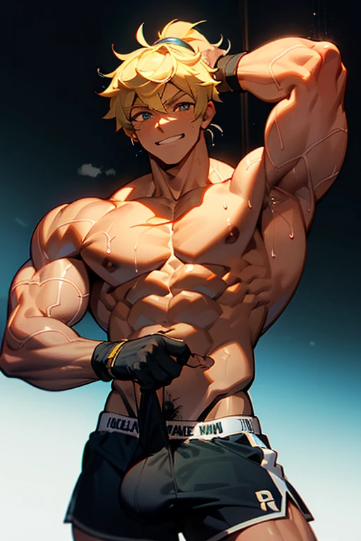 ((best quality)), ((masterpiece)), (detailed), perfect face, Len, Vocaloid, ponytail, short, muscle, muscular, ripped, shredded, jacked, swole, 8 pack, v line, twunk, big arms, veiny arms, big pecs, alpha, alpha male, athletic, jock, veiny arms, veiny muscle, massive muscles, gigantic muscles, dark skin, darkened skin, athlete, working out, sweaty, gasping, wet, shirtless, flexing, gym rat, sexy, shorts, massive bulge, cocky, hot, pin up, showing off, smirk, slutty, slut, erotic, gay, strong, boxers, underwear, massive bulge, huge package, big crotch
