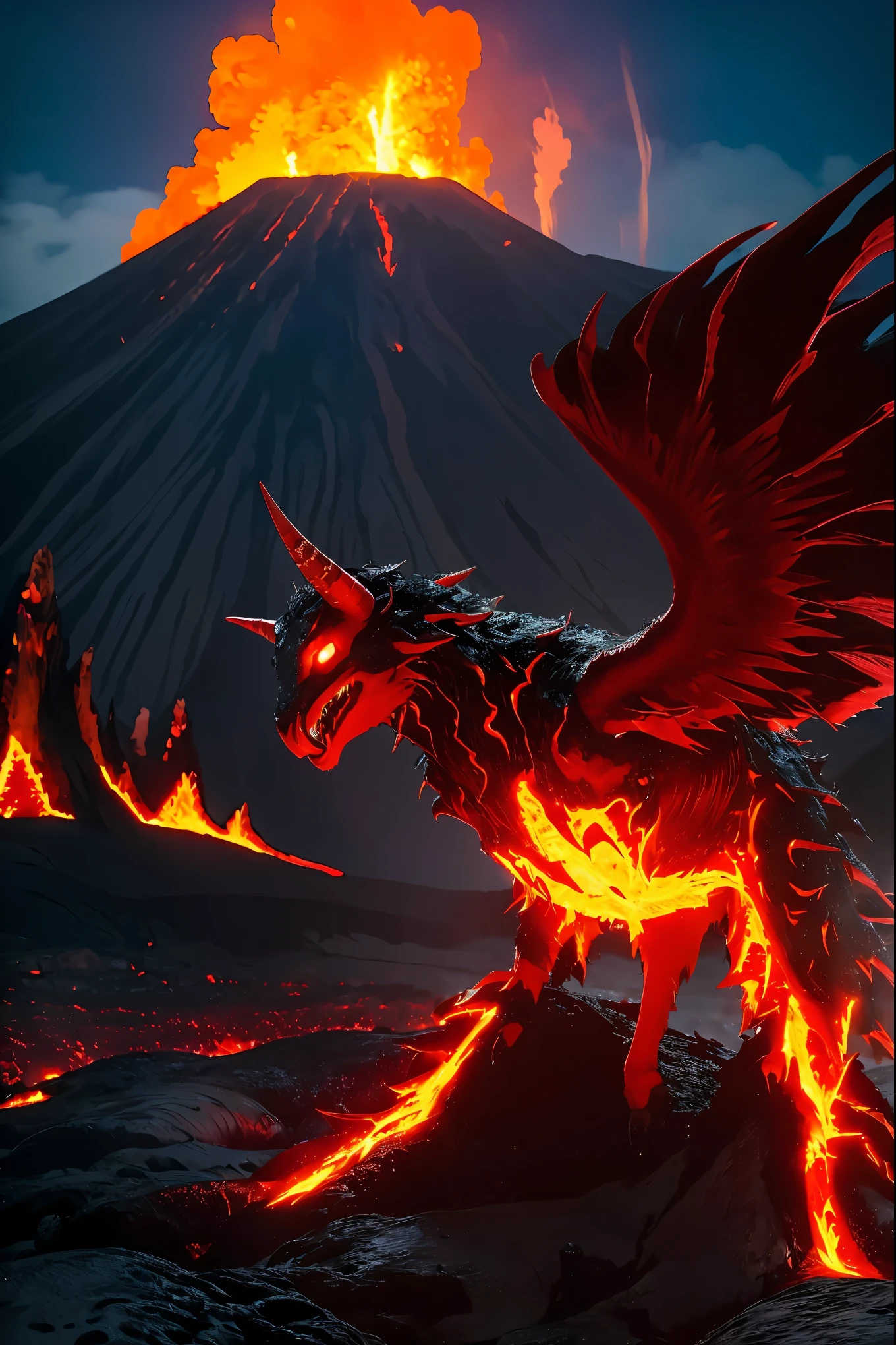 red demon, flying, fangs, horns, glowing eyes, claws, hooves, wings, long tails, grin, Volcano in background, Eruption, lava flow, hellish, sky burnt to a crisp
