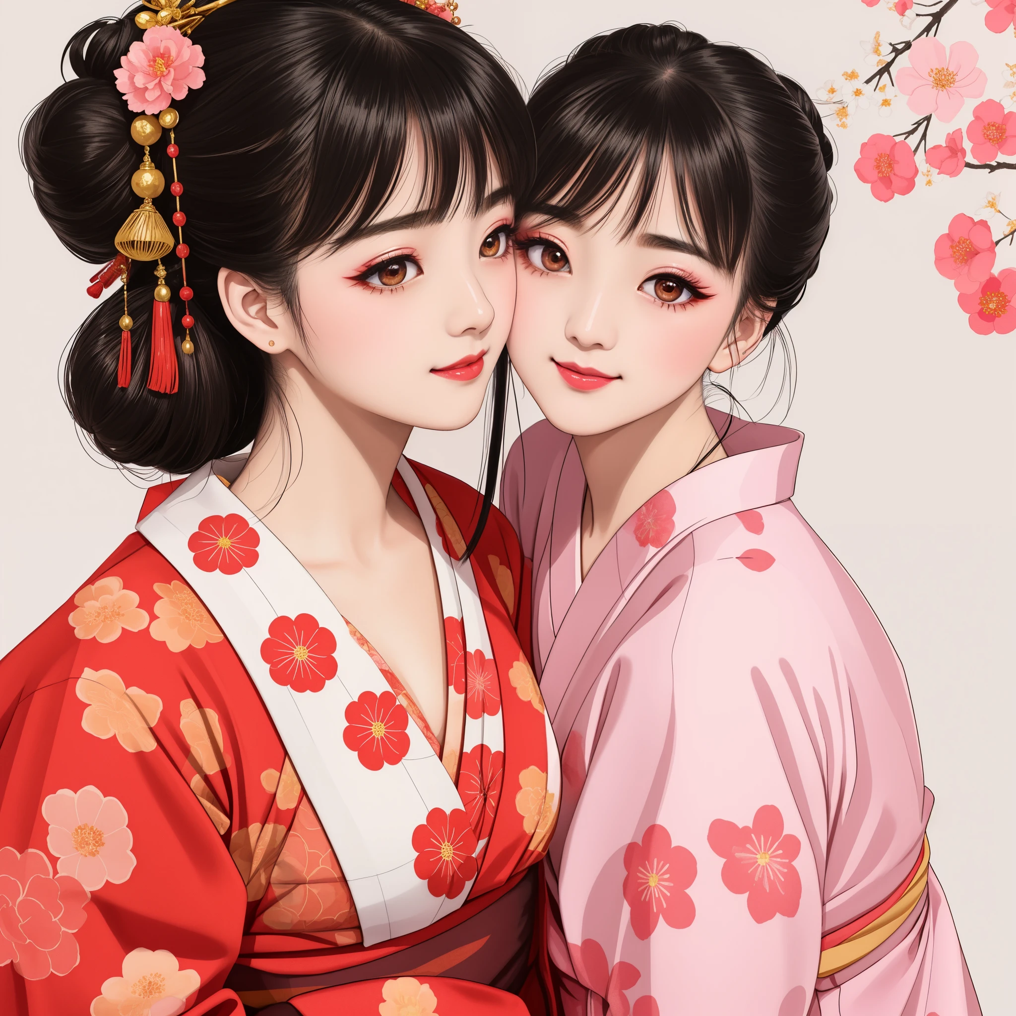 Each has a different expression２People and sisters、(２ girls）、｟Dancing traditional arts with grace)、((Big Breasts、Small Face、Not exposed))、highest quality、masterpiece、（Black Hair、Bun Hair）、Brown Eyes、｟Wide angle、Angle from above the waist and diagonally below、雑誌の表紙のPause、Their gazes are different, gazing into the distance｠、(８K High Quality、masterpiece、High resolution、Realistic and beautiful light and shadow、(highest quality)、(High Resolution)、(Very delicate and beautiful)、(Beautiful 8k face)、(With a smile、Beautiful eyes)、(Clear skin)、(Soft hair)、(８Head to Body)、(A Japanese style yukata kimono with red, pink and orange floral patterns on a white background, interspersed with gold powder、Five beautiful Japanese girls wearing yukata)、((Tanabata decoration background))、((Small Face))、(arms up)、Thin and small nose、（Red lipstick）、（Make your cheeks red）、（Glossy skin）、((Ink painting style))、Very thin eyebrows、Overall ultra-high image quality、（She is wearing maiko-style makeup.）、Whitening、Long and beautiful eyelashes、Glowing Skin、（Red cheeks）,Straight nose、masterpiece、highest quality、whole body、 Eyebrows visible through hair、Bun Hair、Grin、Gal、コGal、Viewer&#39;s Eyes、Plaid、Stylish、woman、fine、Pause、
Waiting to start 
