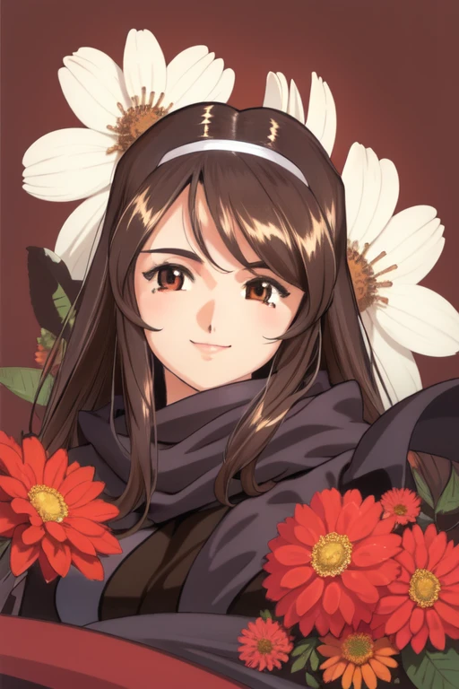 upper body,  solo, 1girl, looking at viewer, smile, blush, big breasts, brown hair, long bangs, dark brown eyes, beautiful detailed face, ultra detailed eyes, dark grey stole, night, Nephrolepis \(flower\), floral background 