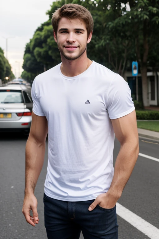 a brazilian male like Liam Hemsworth highlights wearing a casual clothes young man with beautiful face, 22 years old, handsome attractive face, smiling male, attractive male, attractive man, attractive young man, perfect handsome face, hazel eyes, handsome young man, lean man with light white skin, beautiful male face, handsome male, smiling man, cute young man Casual clothes, A hyper-realistic, Smiling expression, car hiquality, Nikon, Canon, Fujifilm, HD, 4K, 8k 16k