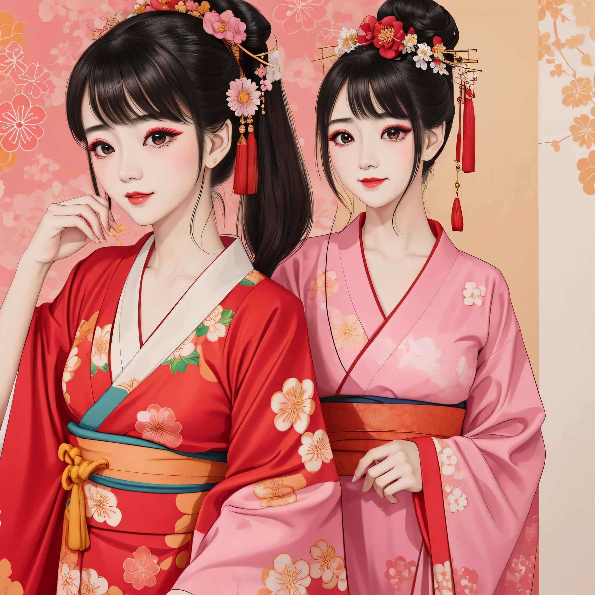 Each has a different expression2People and sisters、(2 girls)、⦅Dancing traditional arts with grace)、((Big Breasts、Small Face、Not exposed))、highest quality、masterpiece、(Black Hair、Bun Hair)、Brown Eyes、⦅Wide angle、Angle from above the waist and diagonally below、Pause on the magazine cover、Their gazes are different, gazing into the distance⦆、(8K High Quality、masterpiece、High resolution、Realistic and beautiful light and shadow、(highest quality)、(High Resolution)、(Very delicate and beautiful)、(Beautiful 8k face)、(With a smile、Beautiful eyes)、(Clear skin)、(Soft hair)、(8Head to Body)、(A Japanese style yukata kimono with red, pink and orange floral patterns on a white background, interspersed with gold powder、Five beautiful Japanese girls wearing yukata)、((Tanabata decoration background))、((Small Face))、(arms up)、Thin and small nose、(Red lipstick)、(Make your cheeks red)、(Glossy skin)、((Ink painting style))、Very thin eyebrows、Overall ultra-high image quality、(She is wearing maiko-style makeup.)、Whitening、Long and beautiful eyelashes、Glowing Skin、(Red cheeks),Straight nose、masterpiece、highest quality、whole body、 Eyebrows visible through hair、Bun Hair、Grin、Gal、Gal、Viewer's Eyes、Plaid、Stylish、woman、fine、Pause、
Waiting to start