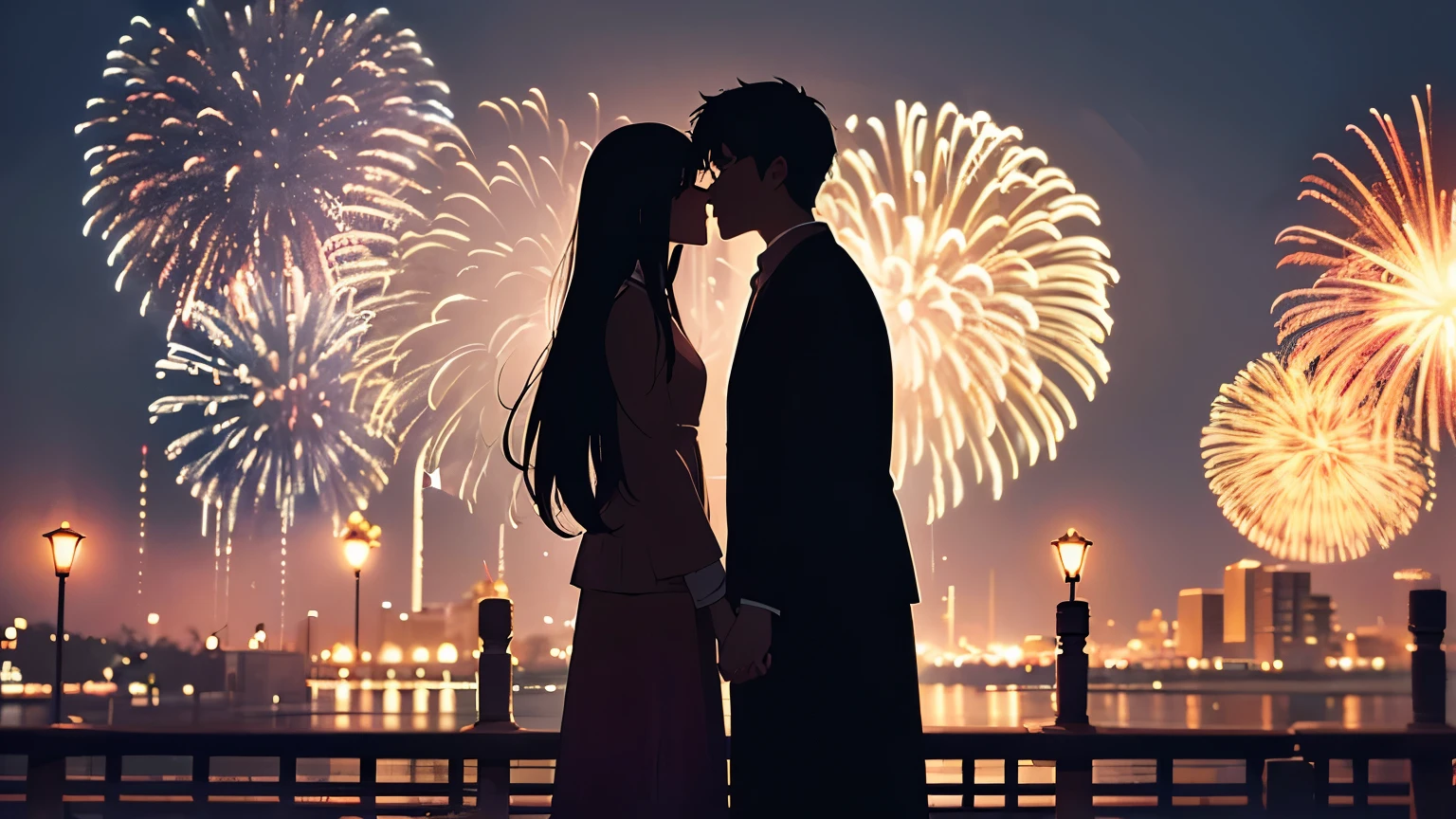 Shadow of a man and woman kissing while fireworks are going off、The woman has long hair、Background is a park at night