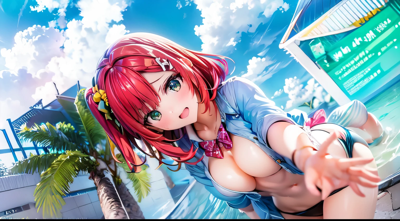 best quality, masterpiece, extremely detailed CG, official art , professional lighting, detailed background, sakimiyairuka, red hair, green eyes, one side up, medium hair, green scrunchie, hair ornament, gleaming skin, big breasts, groin, navel, playboy bunny,(black pantyhose, bowtie, wrist cuffs)