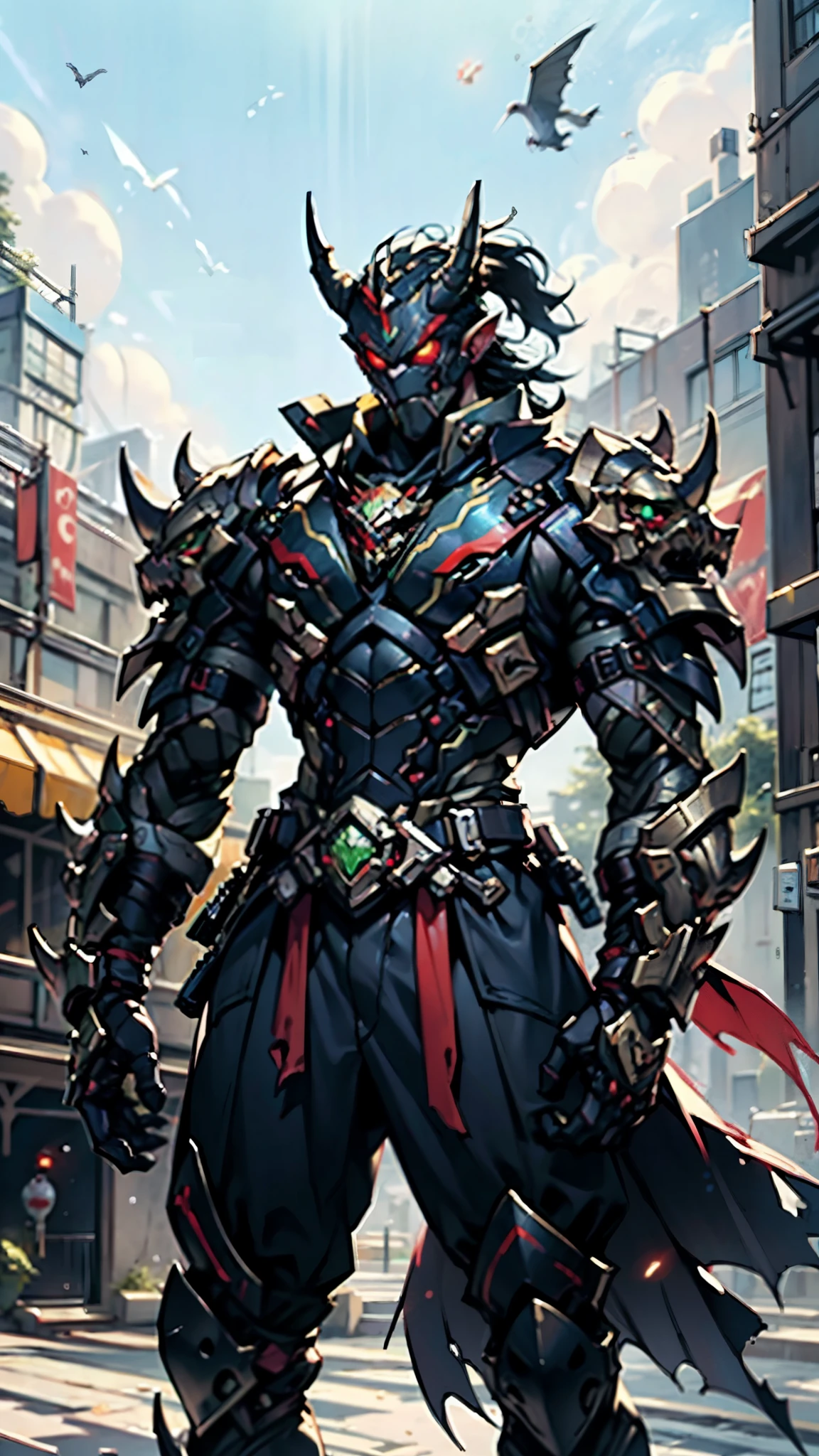 A man wearing a full-face helmet, a fantasy-style biomecha armored combat suit, green eyes, a composite layered chest armor, fully enclosed shoulder guards, matching arm and leg guards, the belt is adorned with dragon claw grasping orbs, primarily black with red accents, the design balances heavy with agility, a high-tech biological armor, concept inspired by dragons,stand on the top of a skyscraper in a futuristic sci-fi city, this character embodies a finely crafted fantasy-surreal style armored hero in anime style, exquisite and mature manga art style, ((male:1.5, element, plasma, energy)), metallic, real texture material, dramatic, high definition, best quality, highres, ultra-detailed, ultra-fine painting, extremely delicate, professional, perfect body proportions, golden ratio, anatomically correct, symmetrical face, extremely detailed eyes and face, high quality eyes, creativity, RAW photo, UHD, 32k, Natural light, cinematic lighting, masterpiece-anatomy-perfect, masterpiece:1.5