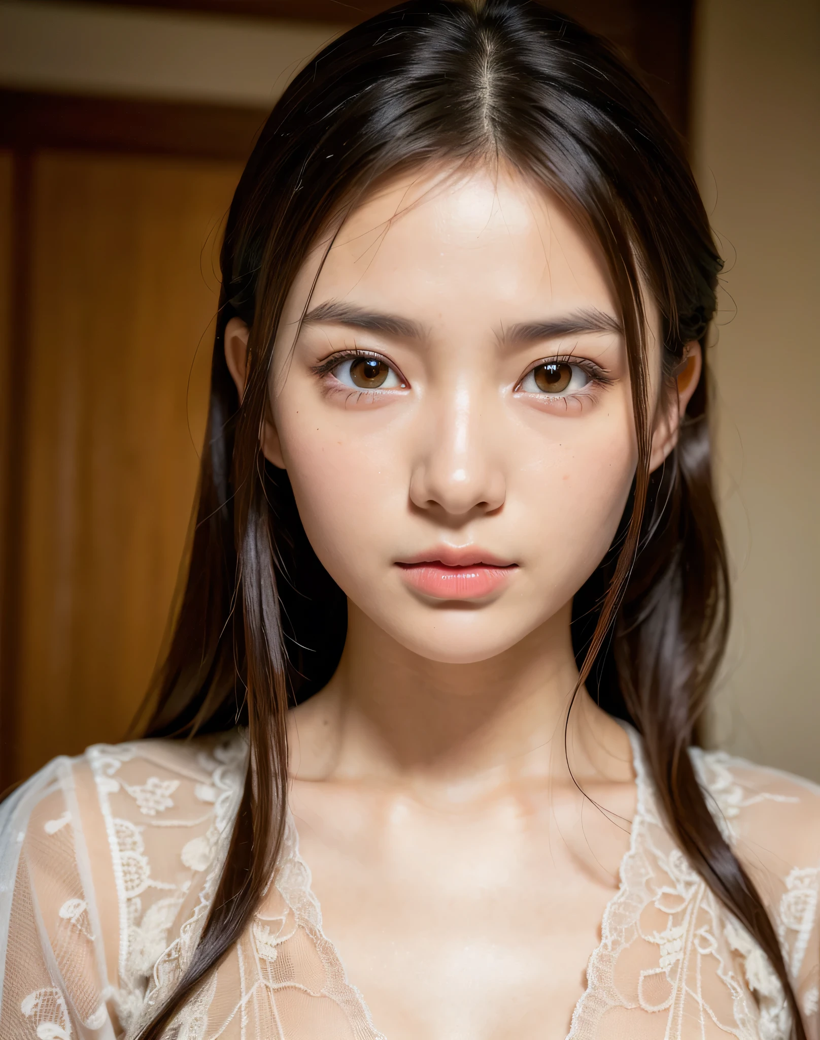 best quality, face focus, soft light, ultra high res, (photorealistic:1.4), RAW photo,
1japanese girl, solo, cute, (pupil, lights in the eyes),  detailed beautiful face, (small chest),(high resolution detail of human skin texture),
(long hair),
indoor,
Damask Shirt Dress,
(portrait)