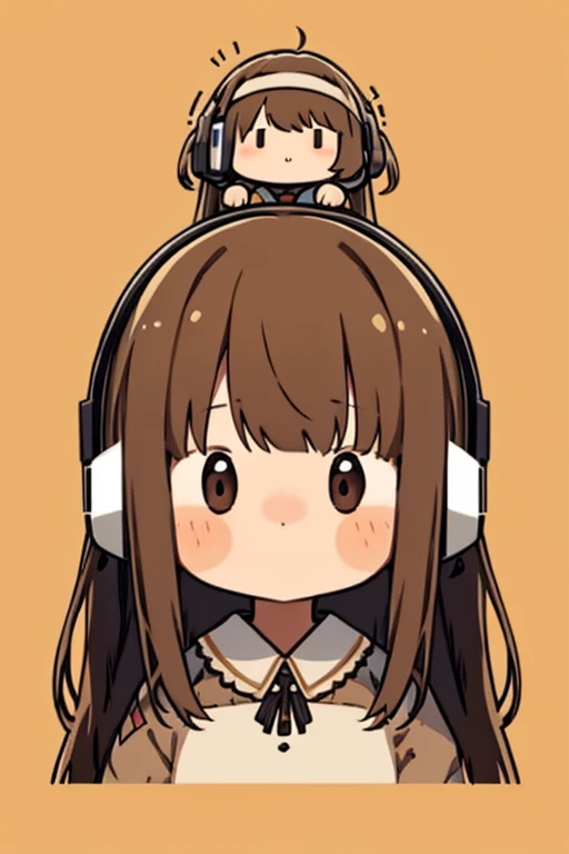 A girl, long brown hair, bangs parted in the middle, big, bright brown eyes, headset on her head, cute, slightly blushing
