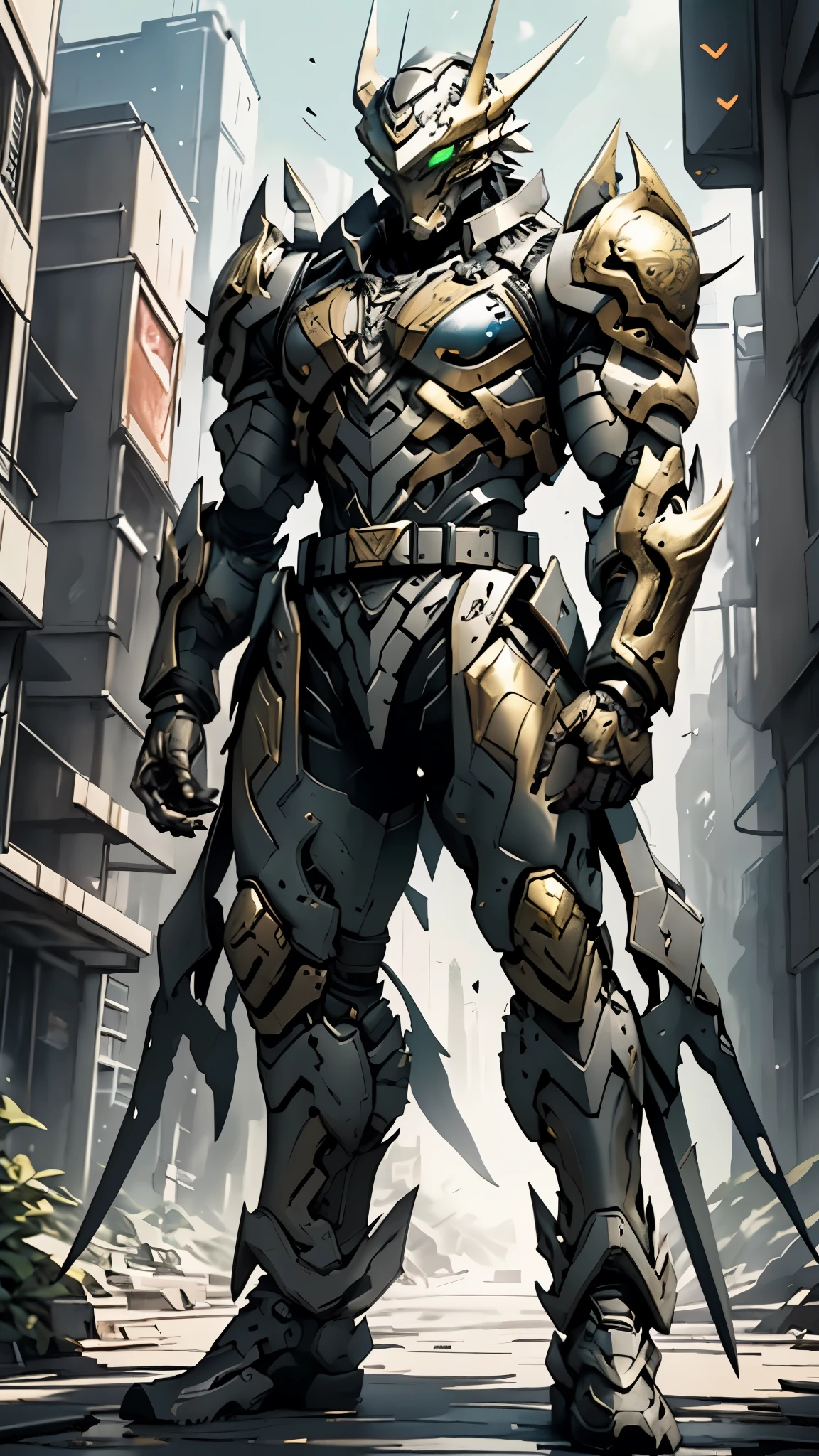A man wearing a full-face helmet, a fantasy-style biomecha armored combat suit, green eyes, a composite layered chest armor, fully enclosed shoulder guards, matching arm and leg guards, the belt is adorned with dragon claw grasping orbs, primarily black with red accents, the design balances heavy with agility, a high-tech biological armor, concept inspired by dragons,stand on the top of a skyscraper in a futuristic sci-fi city, this character embodies a finely crafted fantasy-surreal style armored hero in anime style, exquisite and mature manga art style, ((male:1.5, element, plasma, energy)), metallic, real texture material, dramatic, high definition, best quality, highres, ultra-detailed, ultra-fine painting, extremely delicate, professional, perfect body proportions, golden ratio, anatomically correct, symmetrical face, extremely detailed eyes and face, high quality eyes, creativity, RAW photo, UHD, 32k, Natural light, cinematic lighting, masterpiece-anatomy-perfect, masterpiece:1.5