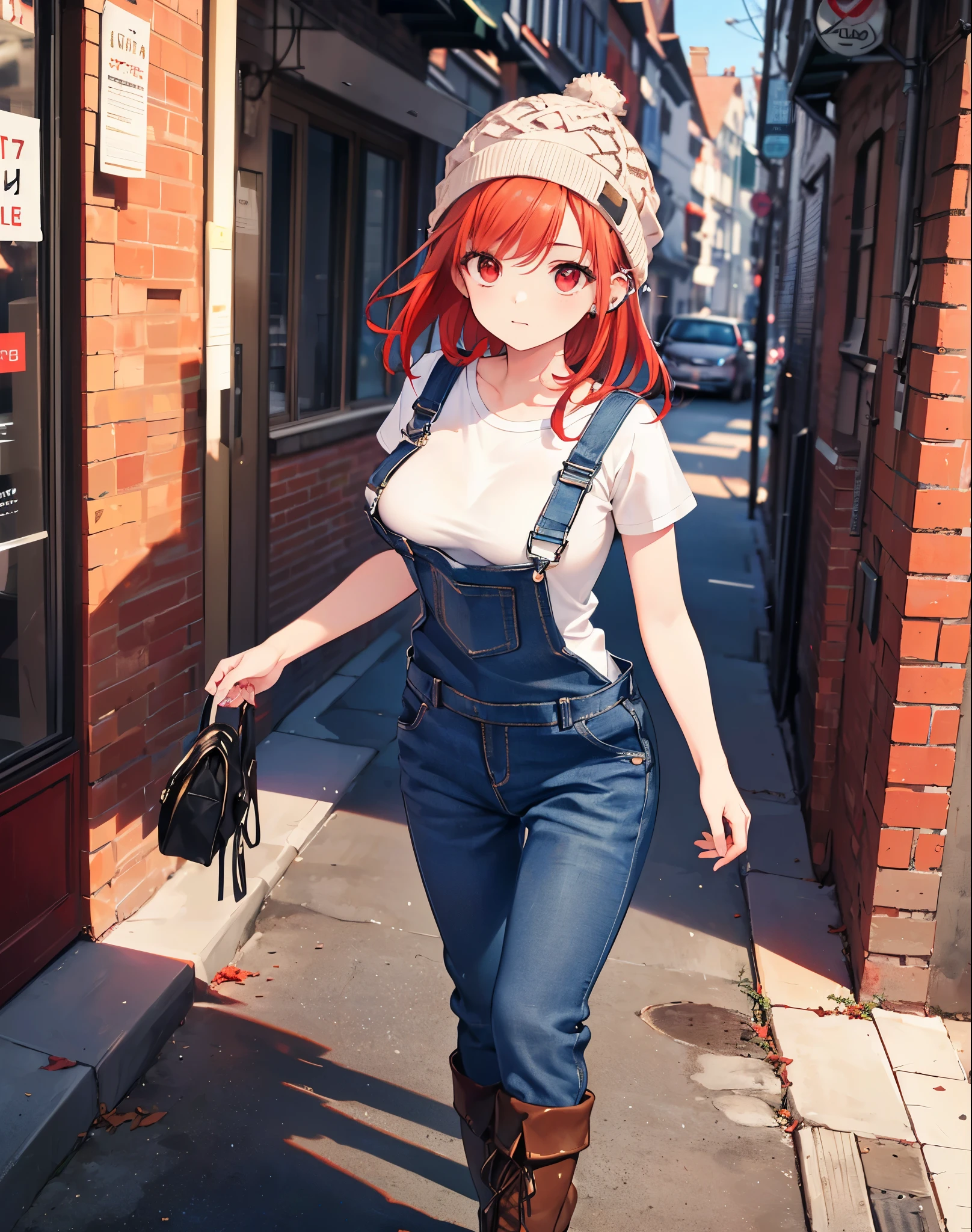 Realistic,highest quality, Ultra Detail, High-quality CG rendering, The most delicate and beautiful, Floating softly, High resolution, (1 girl), (Highest quality,4K,8K,masterpiece:1.2),(All red hair:1.5), (Medium Hair:1.5),(Red eyes:1.5),(Slightly larger breasts:1.2), (Beige overalls:1.3),(Pure white inner T-shirt:1.3),(Black boots:1.3)、(Brown knit hat:1.3)、Piercing in left ear,In the city,old buildings,(whole body:1.3)