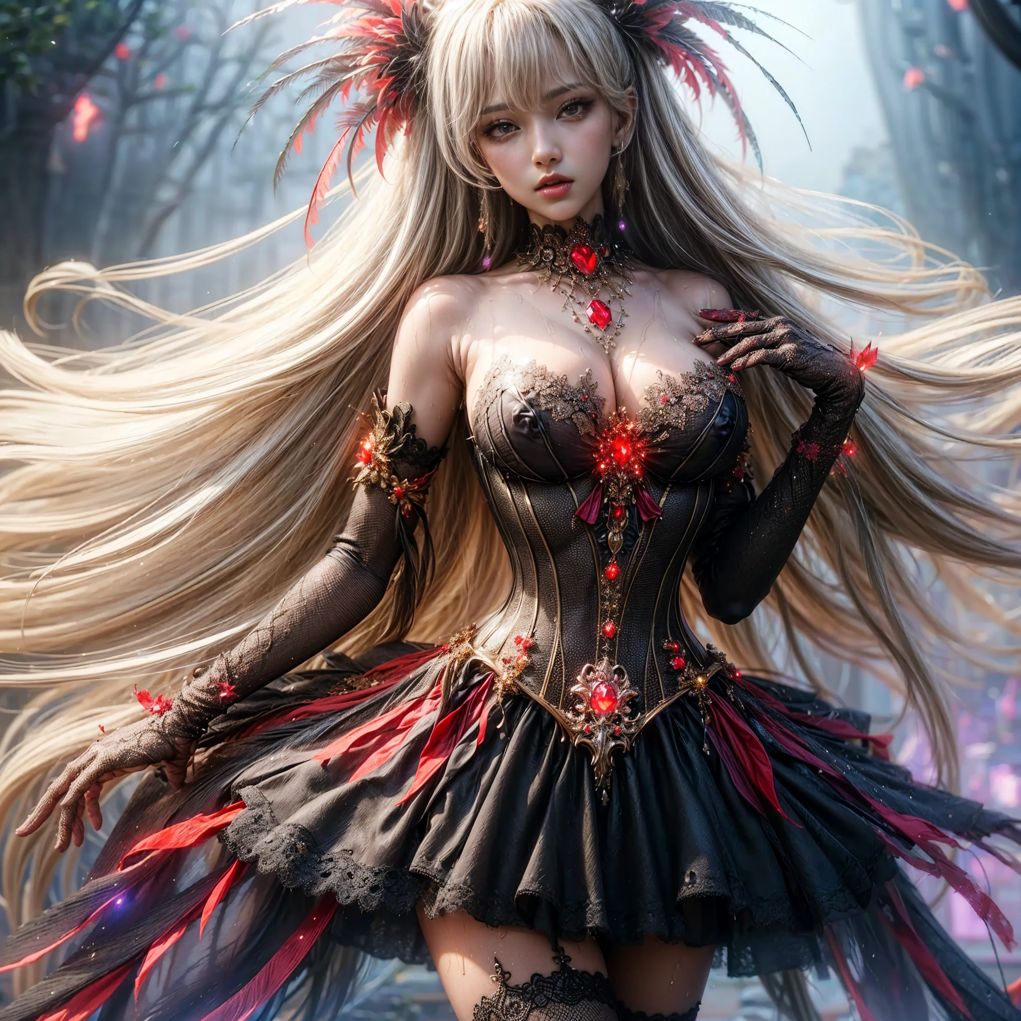 An asian woman with loose hair, standing on the stairs in the middle of a magical atmosphere, with a predominantly blue and red costume, a strapless corset-style dress decorated with bright purple jewels, a short tutu skirt, black thigh-high stockings with lace tops and ornaments purple jewels, white high heels with gold decoration, grand staircase background under mysterious sky full of stars and celestial bodies, crystal detailed, hyper realistic, hyper detail Transparent clothing, Detailed gemstones, masterpiece, best quality:1.2),,(8k,highres,RAW photo,realistic,photo-realistic:1.3),(detailed skin texture,detailed cloth texture, beautiful detailed face:1.25),professional lighting,photon mapping,beautiful soft light,radiosity,physically-based rendering,raytracing, model shoot style, model shoot style, (extremely detailed CG unity 8k wallpaper), full shot body photo of the most beautiful artwork in the world (NSFW), (Nude), (Naked), (Wet Body) (Wet Hair) (Wet clothes)