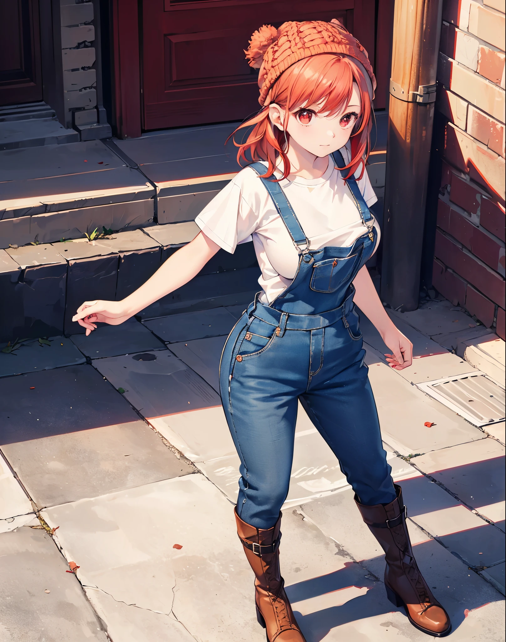 Realistic,highest quality, Ultra Detail, High-quality CG rendering, The most delicate and beautiful, Floating softly, High resolution, (1 girl), (Highest quality,4K,8K,masterpiece:1.2),(All red hair:1.5), (Medium Hair:1.5),(Red eyes:1.5),(Slightly larger breasts:1.2), (Beige overalls:1.3),(Pure white inner T-shirt:1.3),(Black boots:1.3)、(Brown knit hat:1.3)、Piercing in left ear,In the city,old buildings,(whole body:1.3)