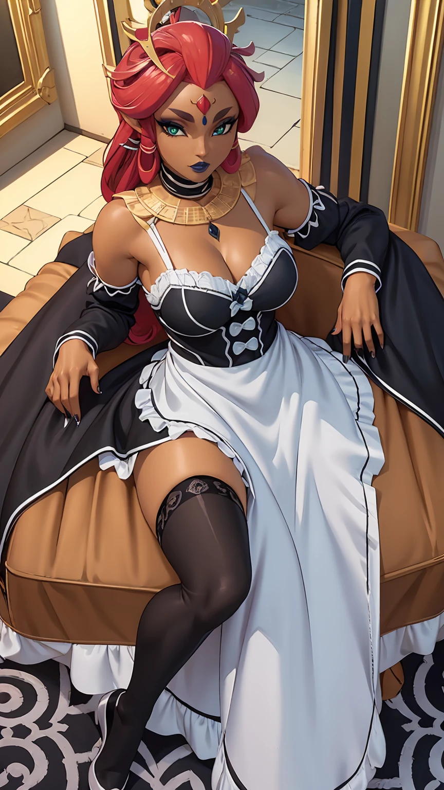 ((high detailed, best quality, 4k, masterpiece, hd:1.3)), ((best quality)), (((HD))), (((8k))), (ultraDH), (ultra HD), green eyes, BREAK green eyes, seductive, attractive, smooth anime cg art, 36C breasts, long legs, vivid colors, slim body, perfect skin, red hair, long hair, light hair, red hair, BREAK crown, cleavage, 36C cleavage, looking at viewer, BREAK looking at viewer, extremely detailed face, earrings, gem, dark blue makeup lips, dark gothic eyeshadows, dark eyeshadows, white eyeshadows, blue sexy lips, dark lips, very dark lips, (perfect hands, perfect anatomy), light makeup, blue medium lips, blue thick lips, detailed fingers, five fingers per hand, 5 fingers, (1 girl), detailed lips, detailed blue lips, blue painted lips, gothic painted lips, (breast focus), (arms outstreched:1.2), (from above:1.1), (breasts out:1.3), (off shoulder:1.1), (((desert))), full body, sexy long legs, (((black stockings))), (((black maid lingerie)))
