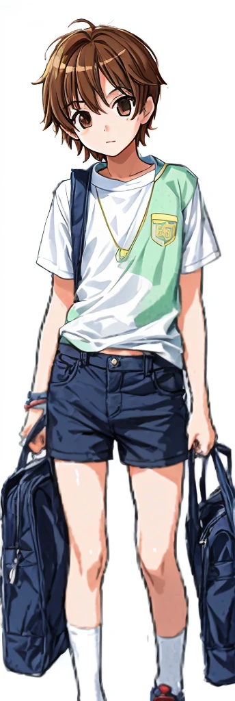 A beautiful boy in the fifth or sixth grade is standing in a summer uniform and short shorts.。