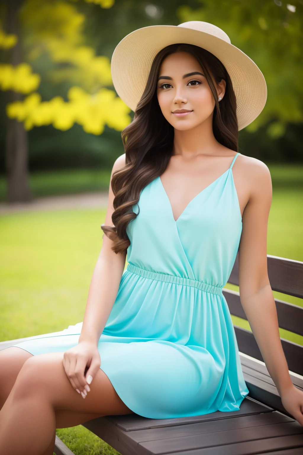 An ultrarealistic photograph, taken with a Sony α7 III camera equipped with a 85mm lens at F 1.2 aperture, portrays a young woman elegantly sitting on a weathered wooden bench in a sunlit park. The lush greenery and blooming flowers in the background are beautifully blurred, drawing the focus to the subject. The soft sunlight gently kisses her face and hair, casting a dreamlike glow. The image, captured in high resolution and a 16:9 aspect ratio, artfully conveys the subject's natural beauty and captivating personality with stunning realism --ar 16:9: 5.2 --style raw file
