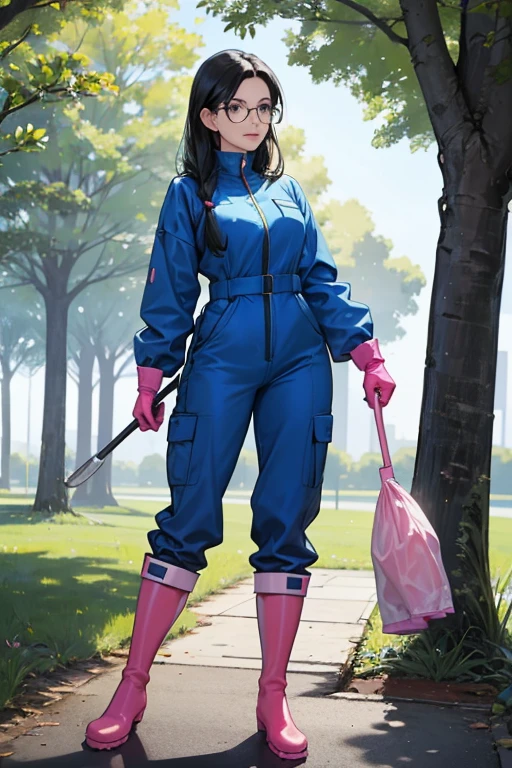 A mature woman with black hair and glasses wearing a blue long-sleeved jumpsuit and pink long rubber gloves and white rubber boots cleaning up a park