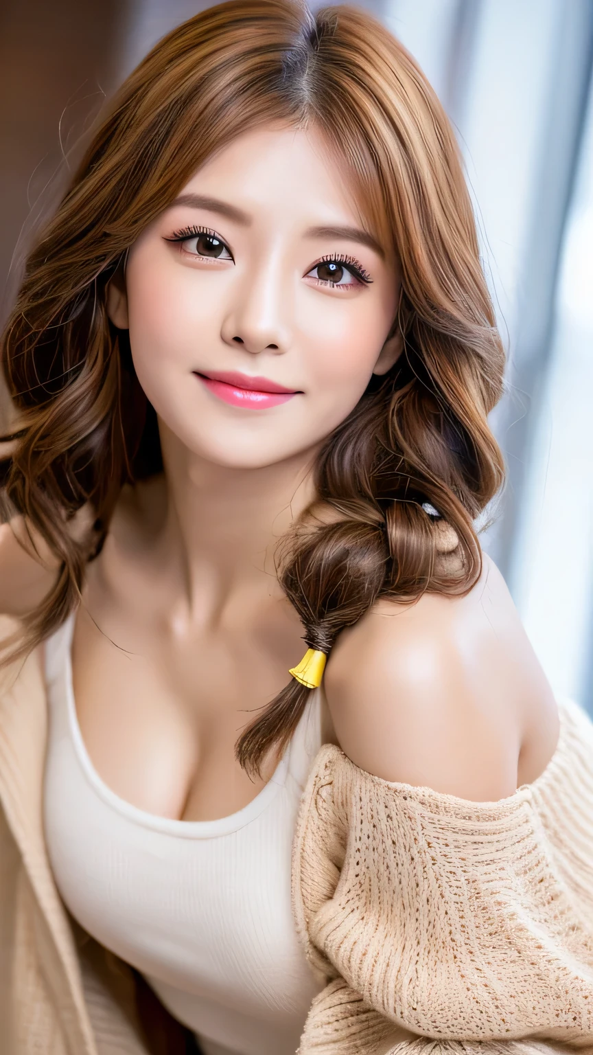 (masterpiece:1.3), (8k, Realistic, RAW Photos, Best image quality: 1.4), Very cute idols of Japan、(Random Hairstyles:1.2)、Cleavage:1.2、Highly detailed face、Attention to detail、double eyelid、Sharp focus:1.2、Beautiful woman:1.4、Light brown hair、highest quality、masterpiece、超A high resolution、(Realistic:1.4)、Very detailed、Professionally lit face、Tight outfit、Natural Makeup、((Plump、whole body、Crouching、Dimples、Photo studio、You can see the lighting fixture、))